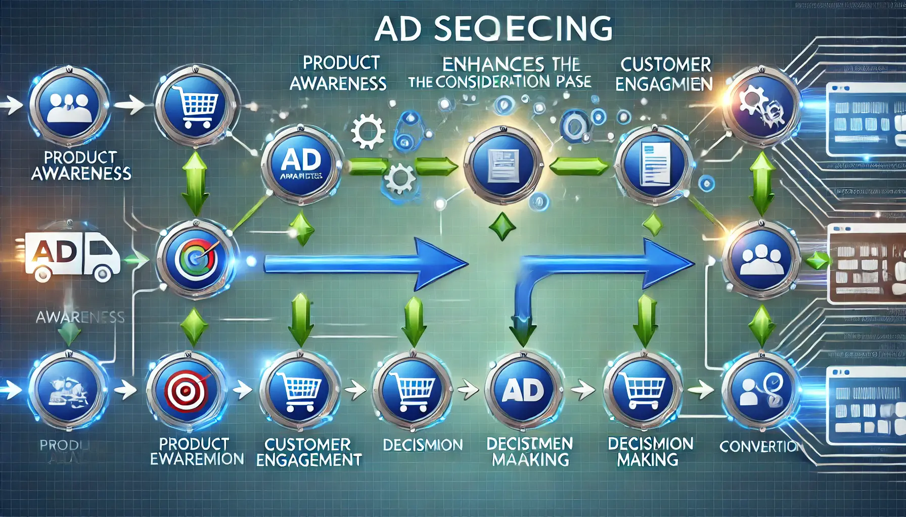 Image showing a sequence of connected icons for product awareness, customer engagement, decision-making, and conversion in ad sequencing.