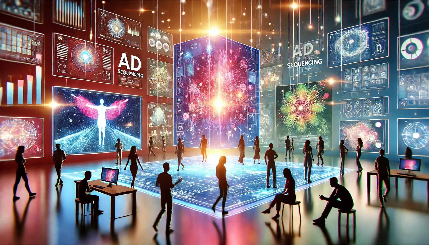 An engaging visual of interconnected glowing screens with silhouettes of viewers interacting, symbolizing enhanced viewer engagement through ad sequencing.