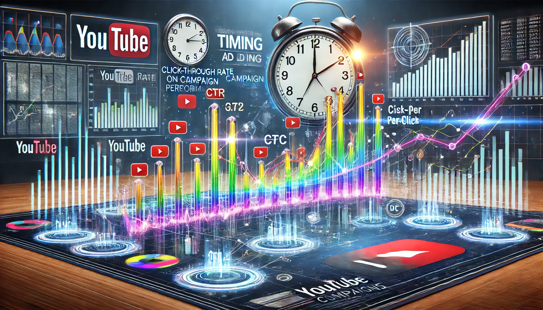 A dynamic graph with colorful trends and icons of clocks, play buttons, and charts, visualizing the effect of ad timing on campaign metrics like CTR, CPC, and conversions.