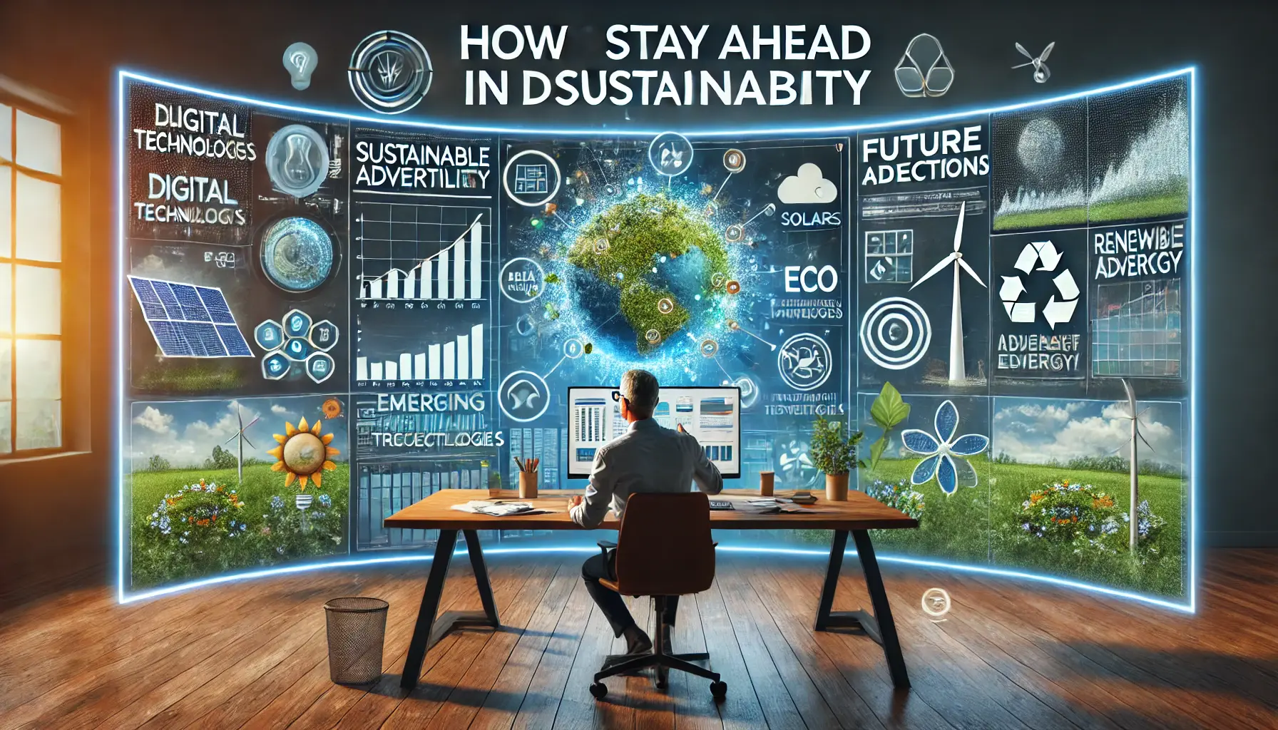 A digital workspace where a person is analyzing data trends and projections for sustainable advertising, with symbols of innovation like solar panels, wind turbines, and renewable energy.