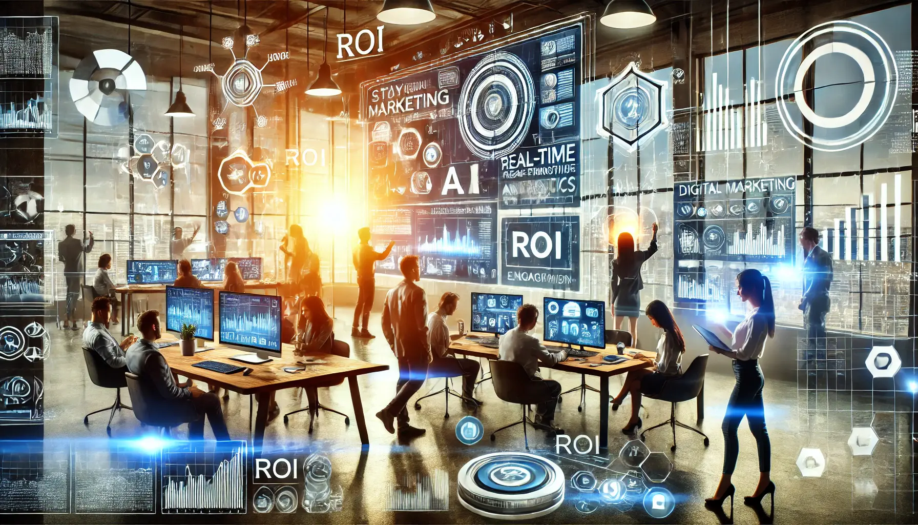 A modern digital marketing workspace showing a team of professionals brainstorming and using advanced tools like AI and real-time analytics.