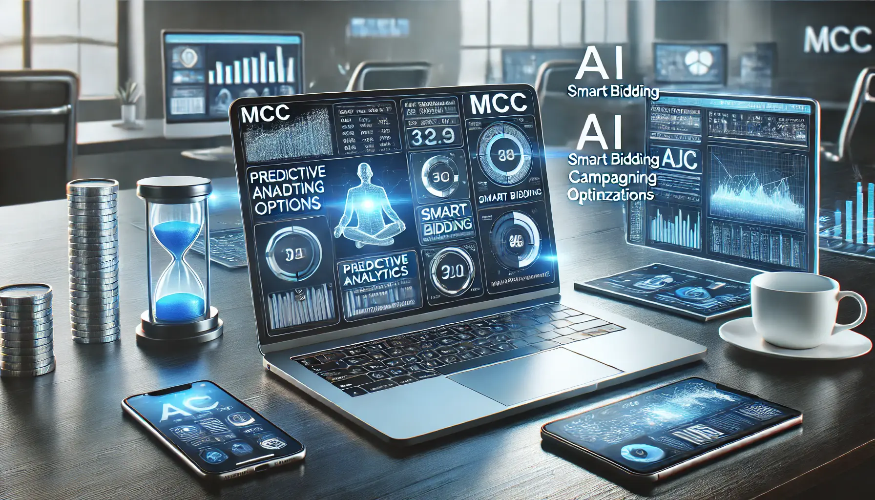 A digital marketing workspace with a laptop displaying MCC dashboard enhanced by AI and machine learning tools.