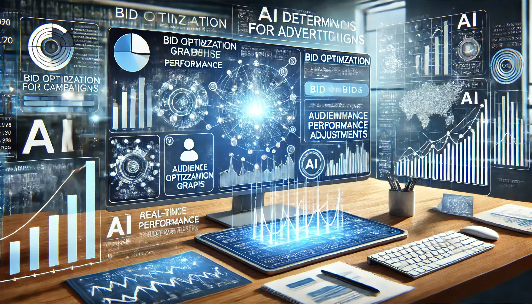 An image showing how AI determines optimal bids for campaigns, with bid optimization graphs, audience performance data, and AI elements like algorithms and neural networks.