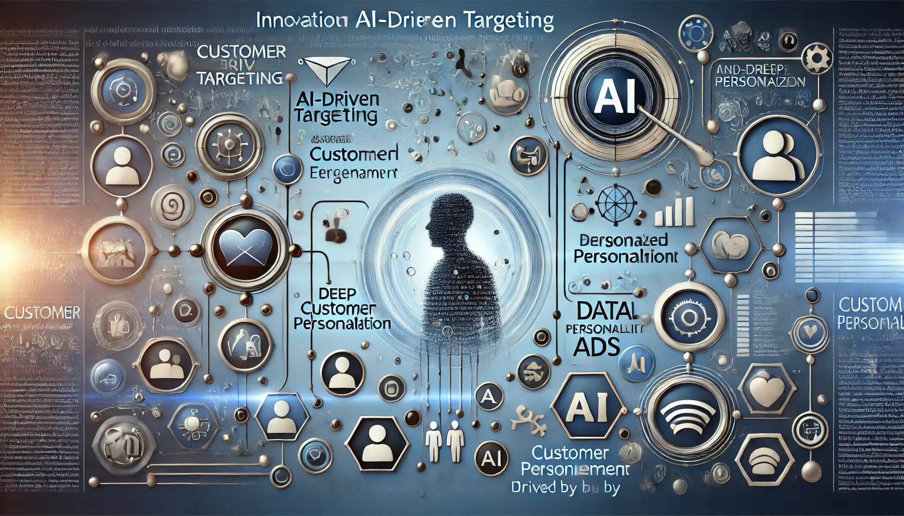 Abstract illustration of AI-driven customer engagement with personalized ads, digital profiles, and connection nodes in a cool color scheme.