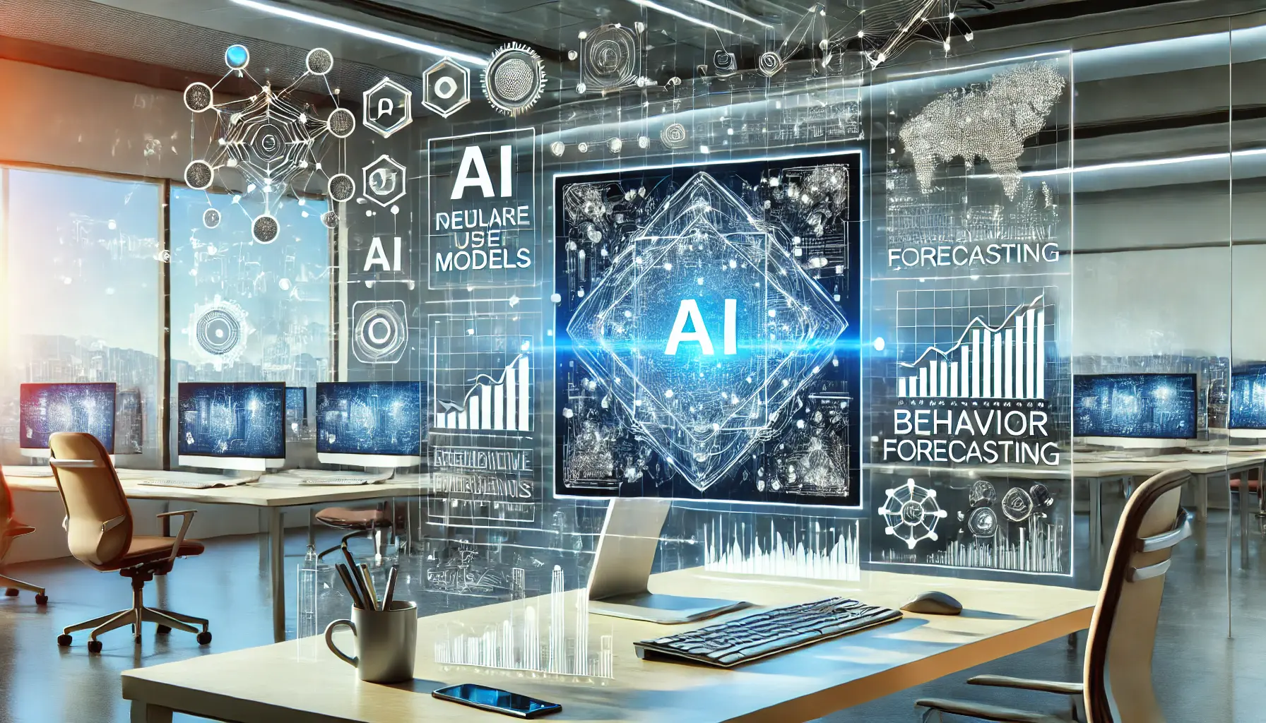 An image showing how AI forecasts user behavior and trends, with a digital workspace displaying predictive models, trend lines, and behavior forecasting.