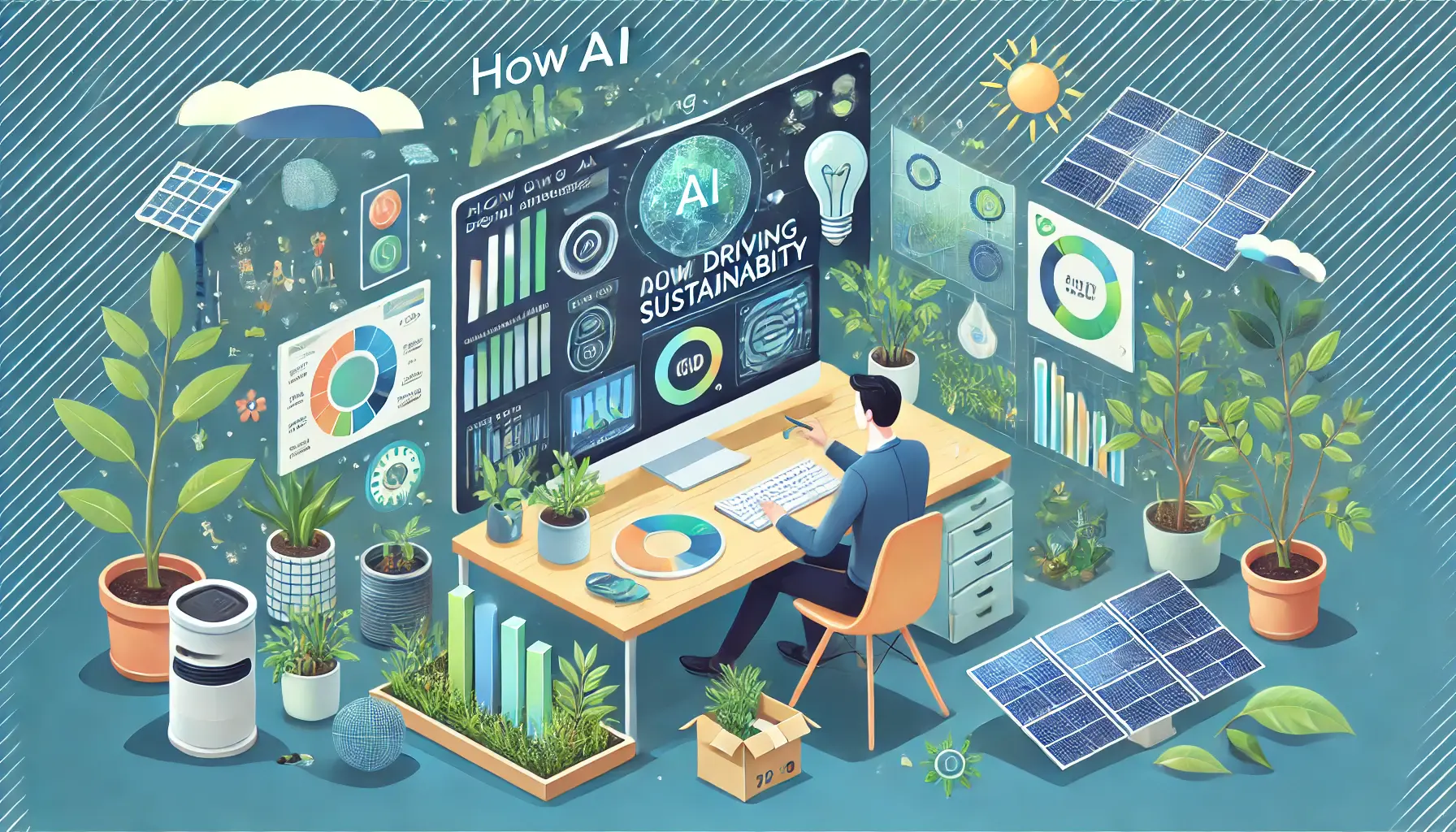 Illustration of a digital marketer interacting with an AI-driven dashboard, displaying data and machine learning processes, surrounded by eco-friendly elements like plants and solar panels.