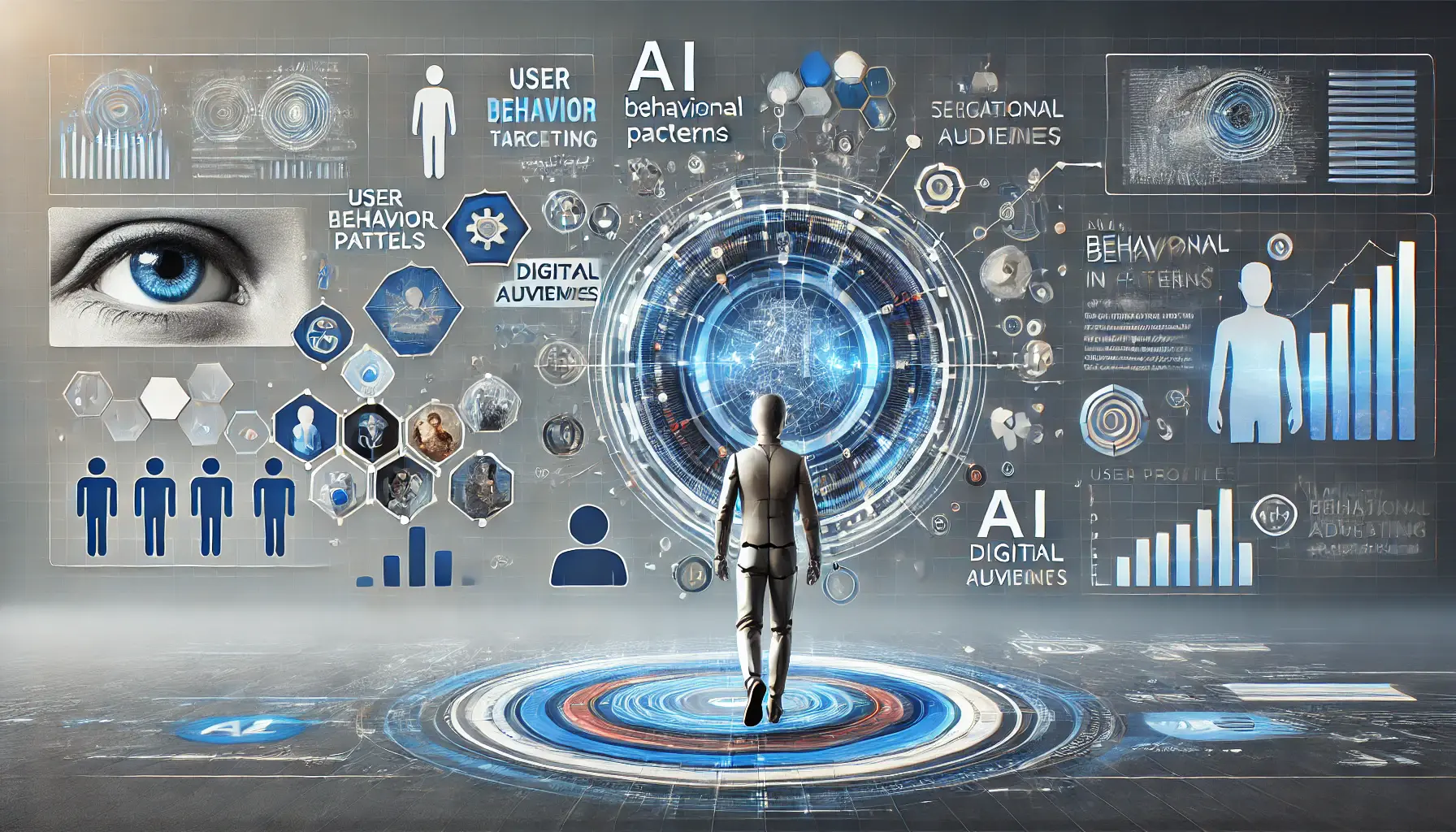 Abstract illustration of AI analyzing behavioral data with user profiles, segmented audiences, and data nodes in a cool color palette.