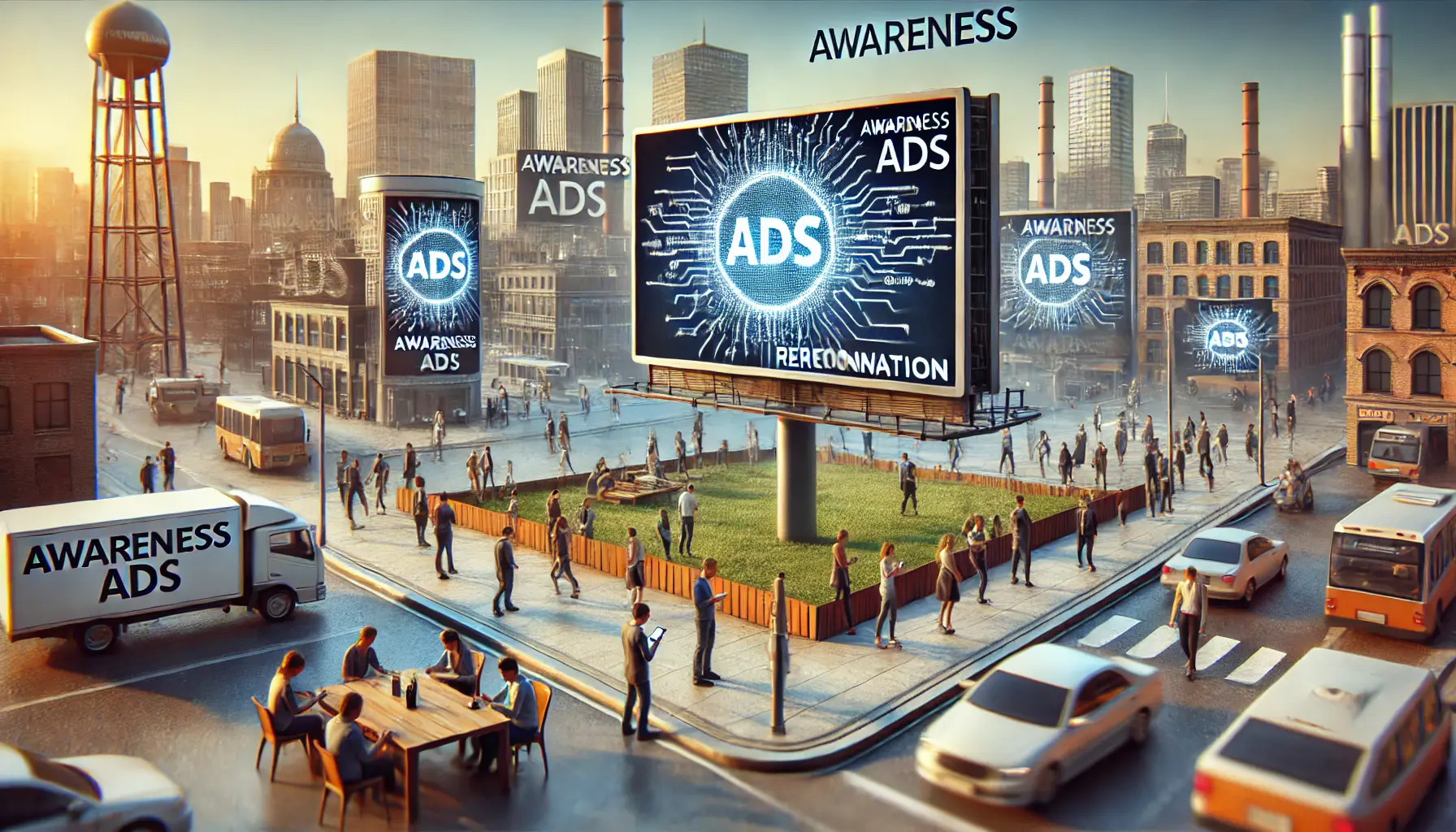 A bustling cityscape with a billboard featuring a well-recognized logo and people interacting with their smartphones, symbolizing brand recognition through awareness ads.