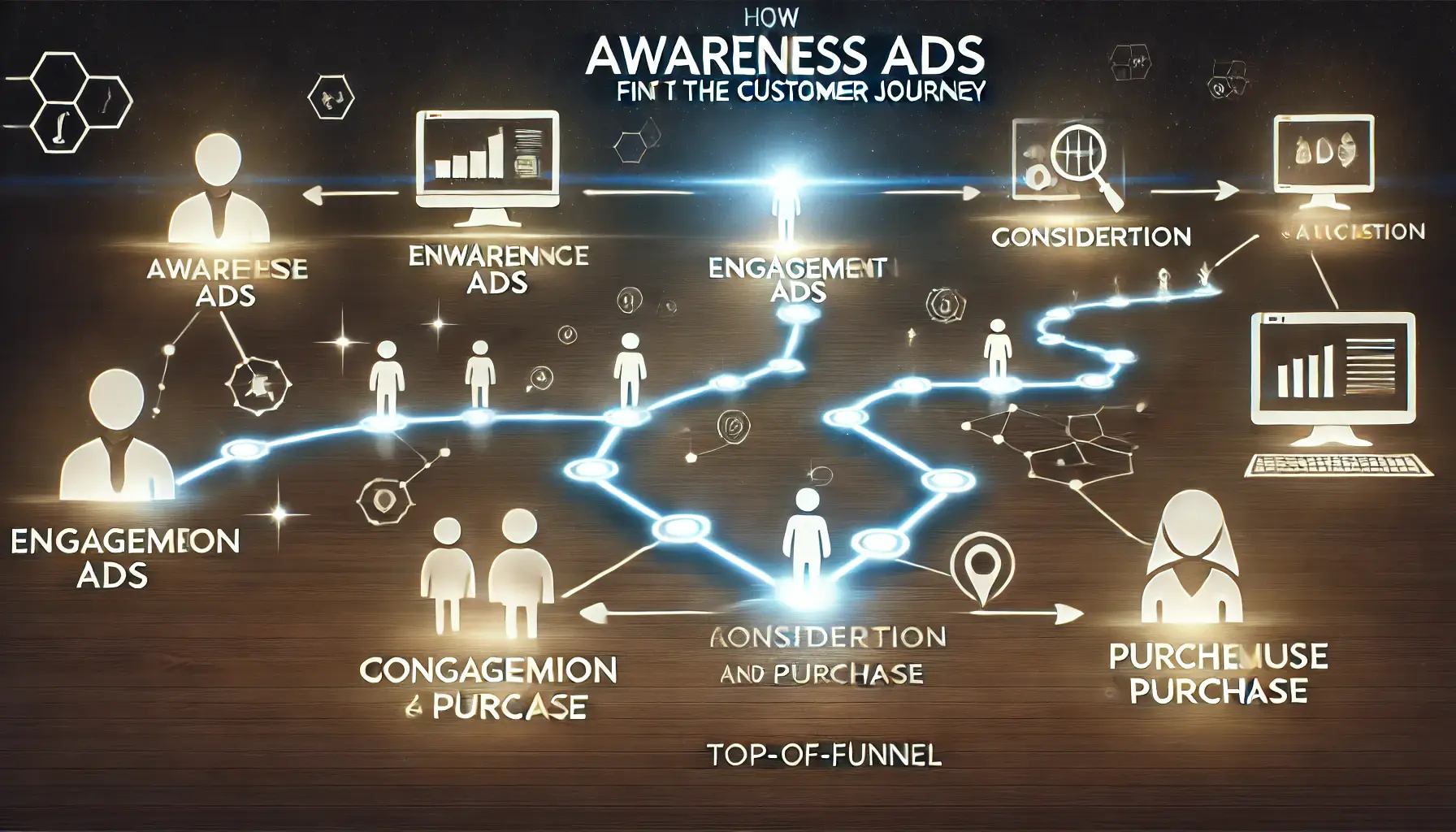 An illustration showing a customer journey pathway starting with awareness ads leading into engagement, consideration, and purchase phases.