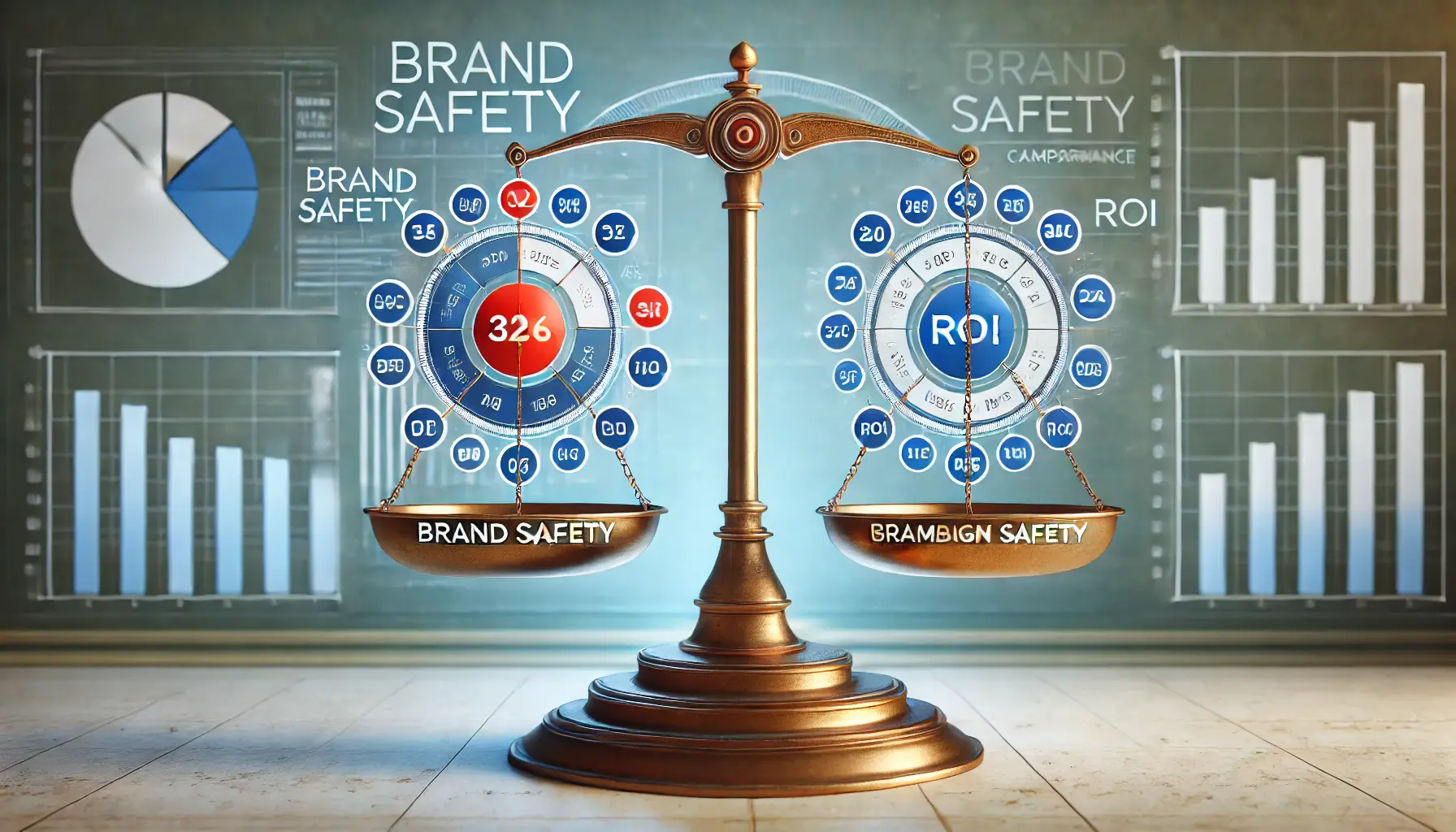 An image depicting the balance between brand safety and campaign performance, with a scale showing brand safety on one side and campaign performance metrics on the other.