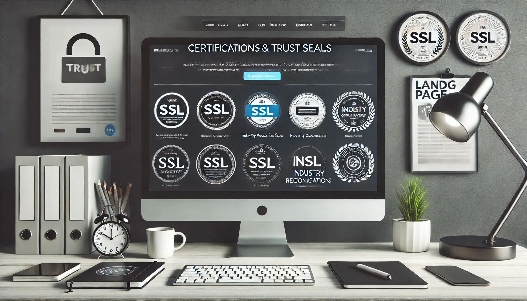 A workspace with a computer displaying a landing page featuring certifications and trust seals like SSL badges and industry recognitions.