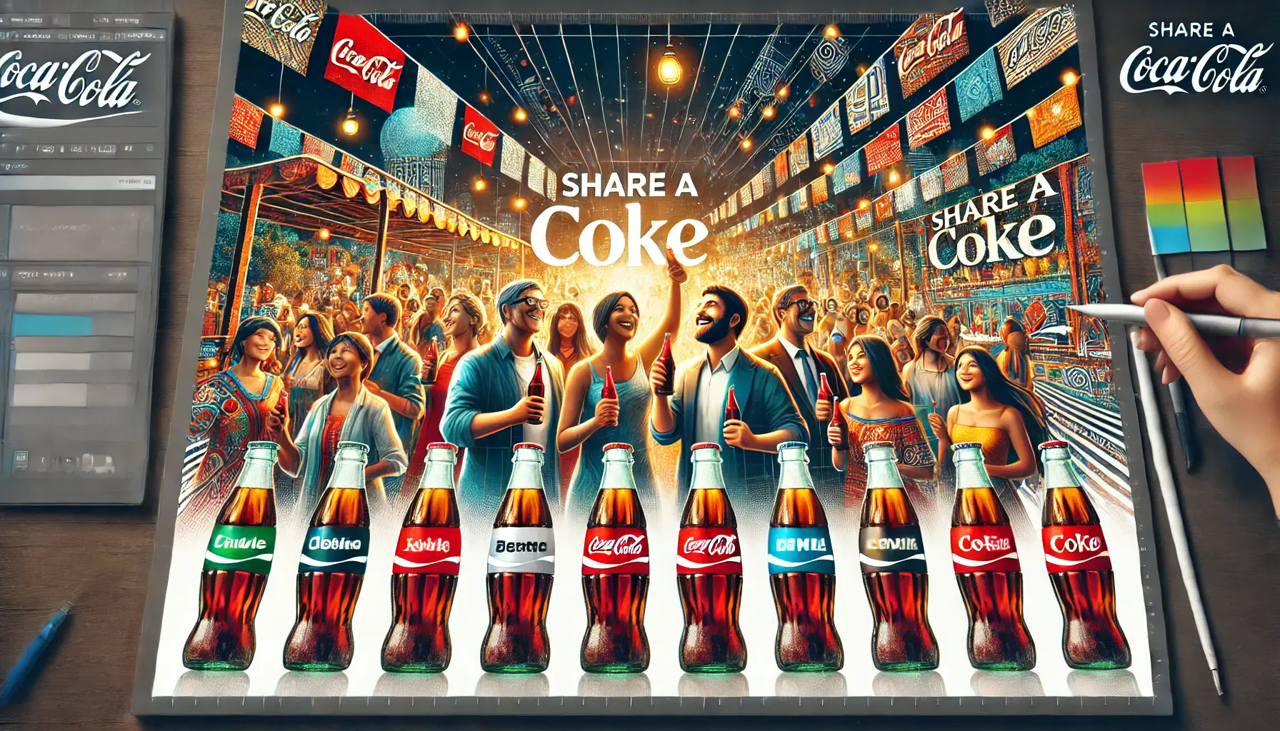 A diverse group of people enjoying Coca-Cola bottles with personalized names on the labels, in a festive and joyful setting.