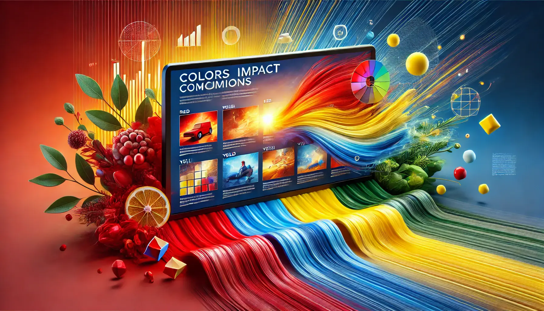 A vibrant digital display showcasing ads with distinct color schemes like red, blue, yellow, and green, each evoking different emotional responses.