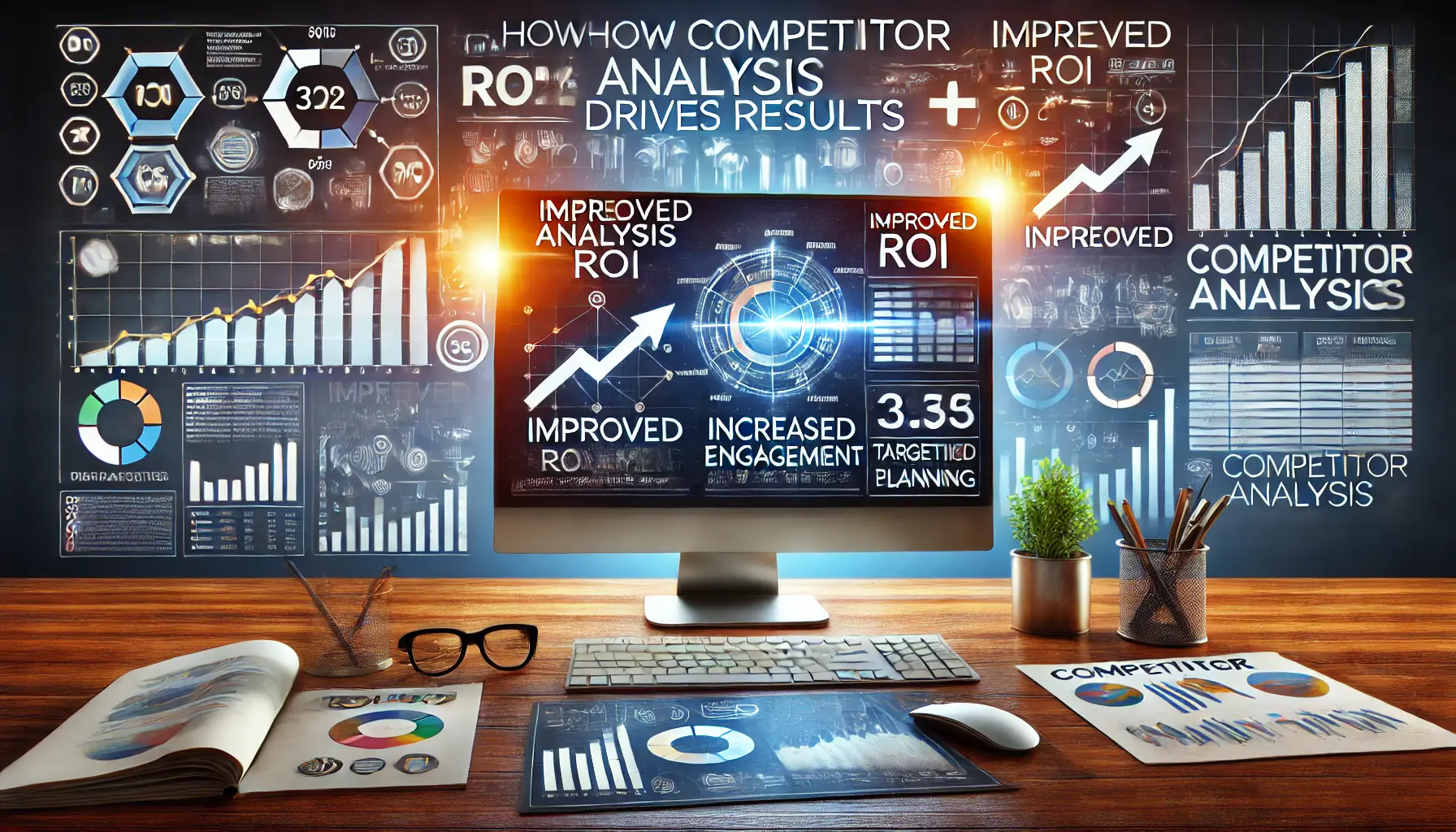 A professional workspace featuring a computer screen with analytics showing improved ROI, ad engagement, and market trends, surrounded by upward arrow graphs and targeting icons.