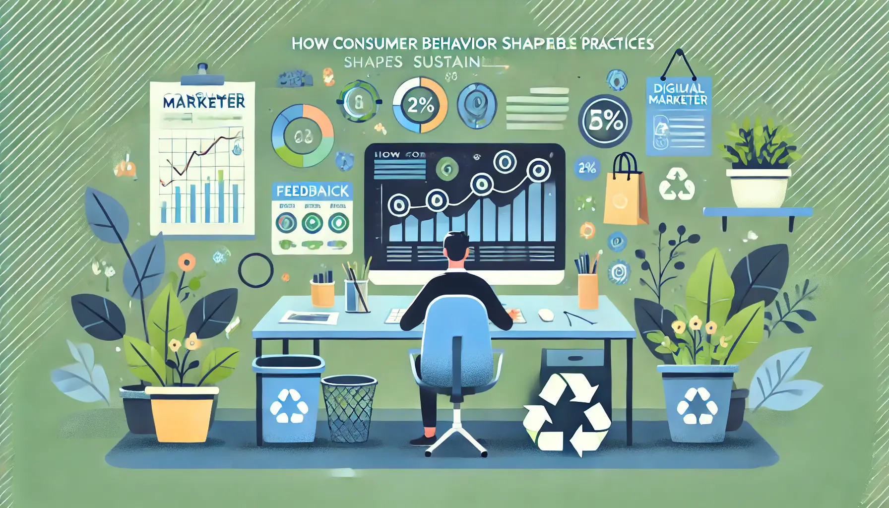 Illustration of a digital marketer observing consumer data on a screen, with eco-friendly elements like plants and recycling bins.