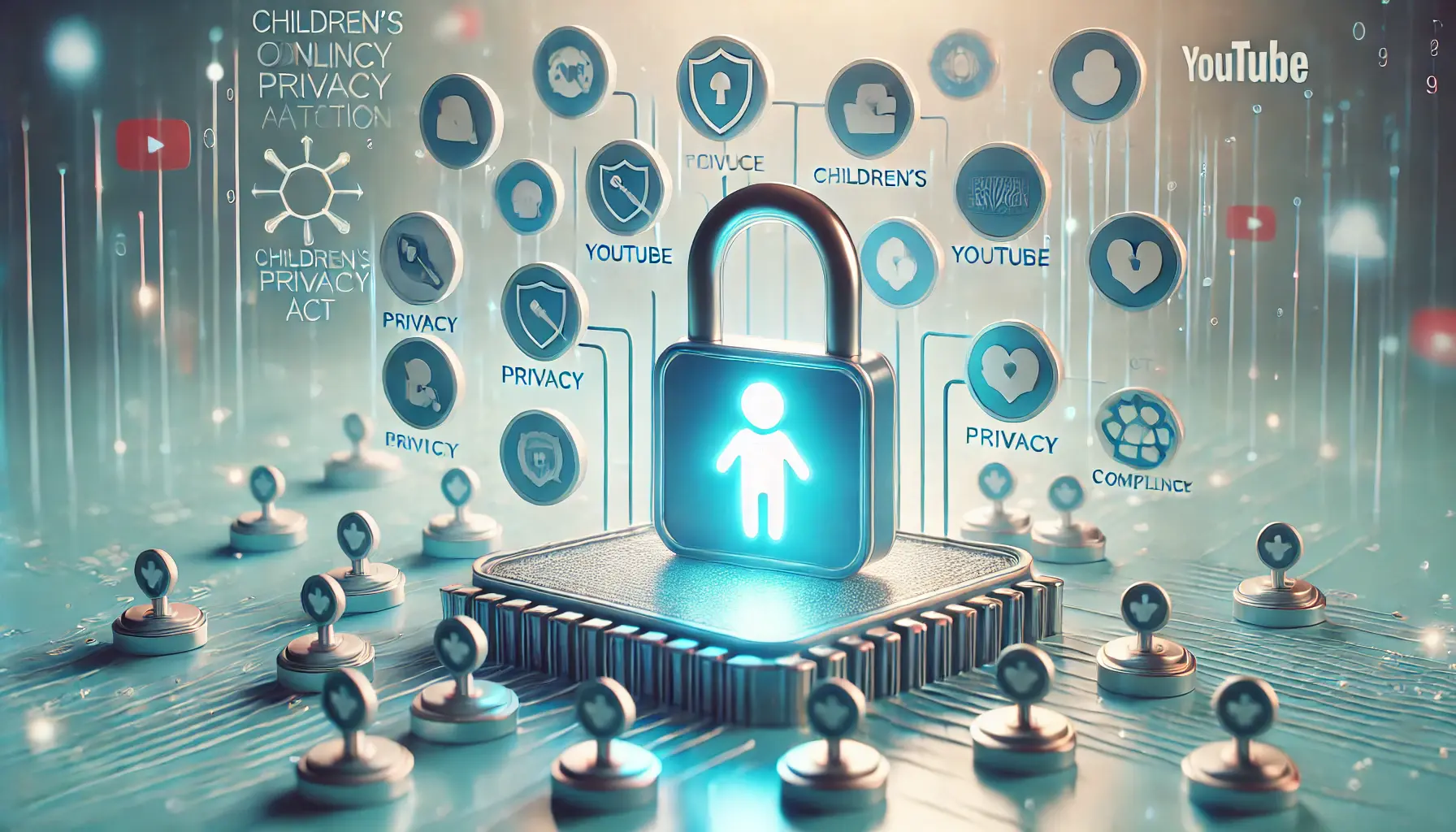 A glowing padlock encasing a child icon, surrounded by data streams and privacy symbols like shields and compliance checkmarks, representing COPPA's impact on YouTube ads.