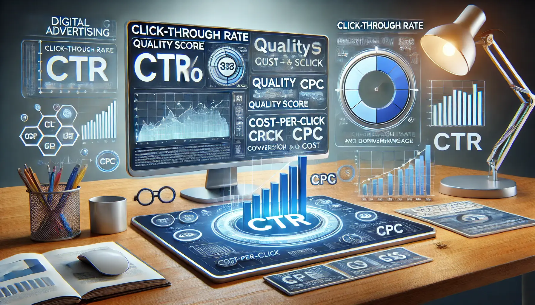 A digital dashboard showing how Click-Through Rate (CTR) affects ad performance, Quality Score, and cost metrics