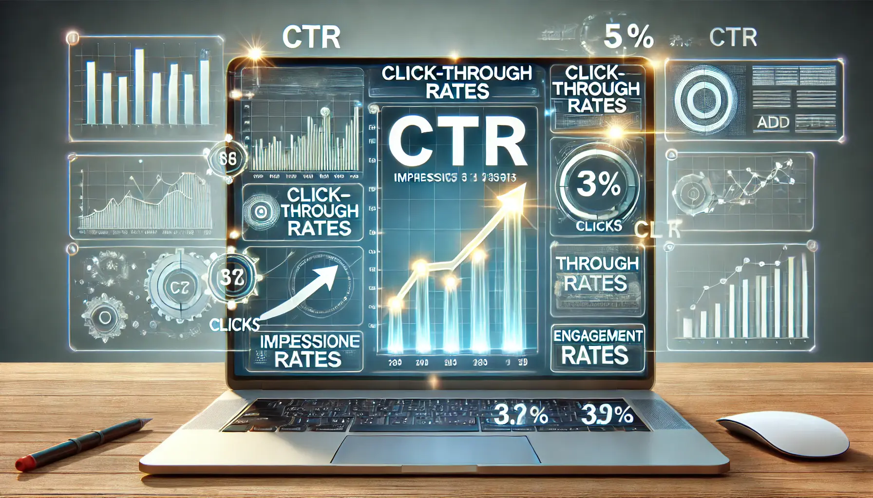 An analytical visualization showing how click-through rates (CTR) influence ad performance with metrics, upward-trending graphs, and a glowing display of clicked ads.