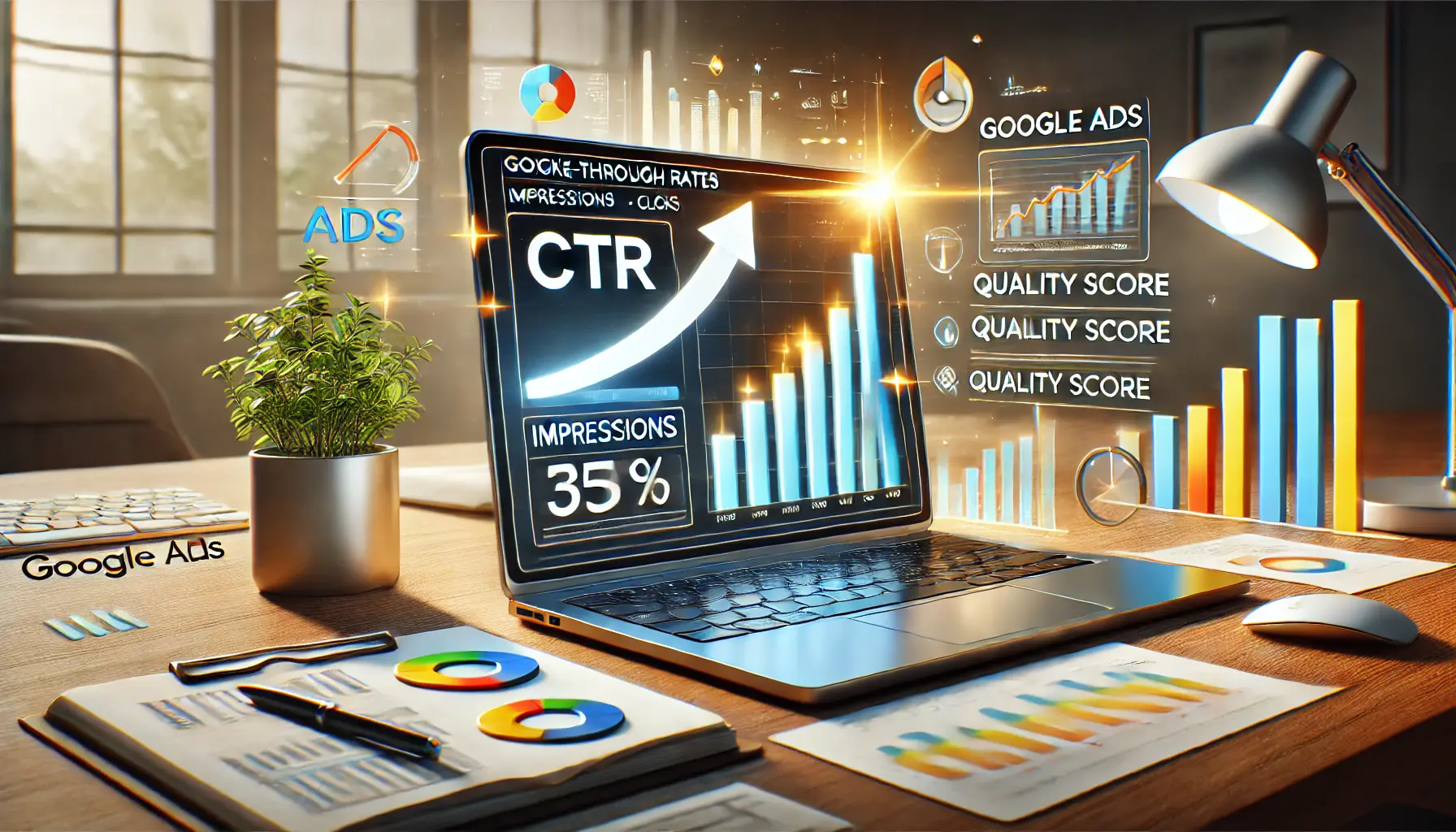 A realistic image of a laptop displaying Google Ads performance metrics, including clicks, impressions, and Quality Score, with upward arrows and graphs.