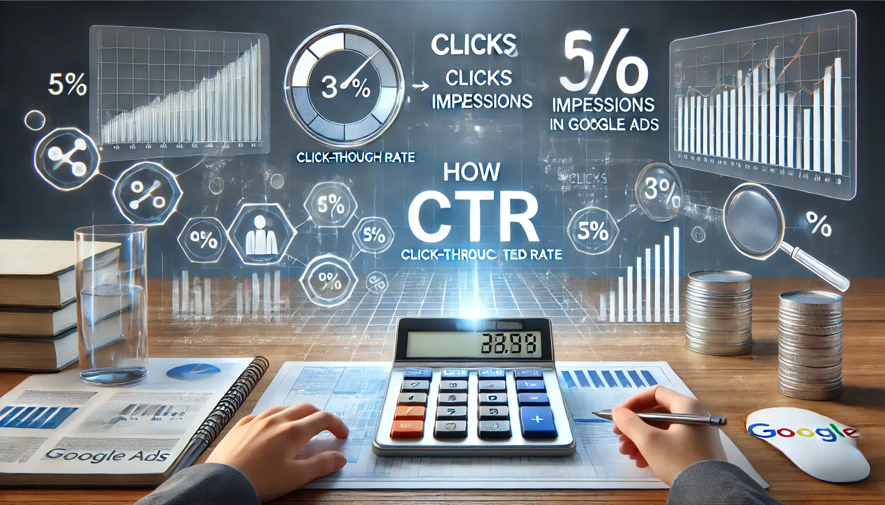 A digital interface displaying the calculation of CTR with clicks, impressions, and percentage visuals.