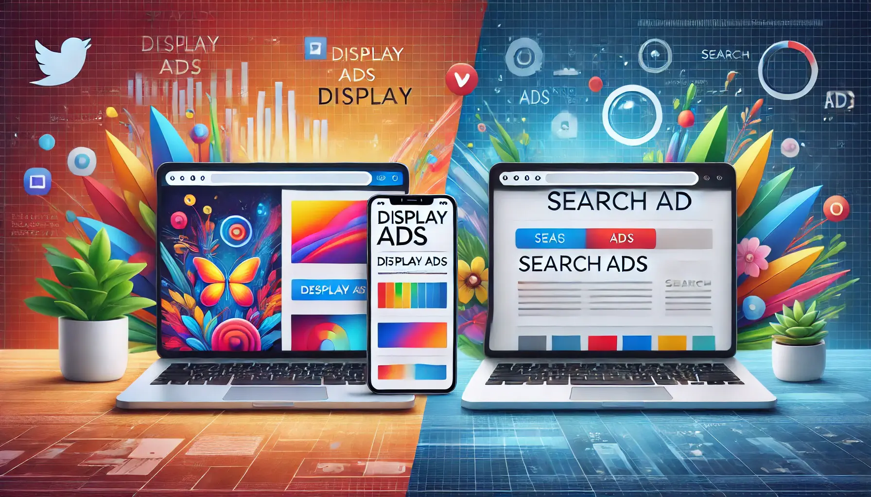 Illustration comparing Display Ads and Search Ads with visuals on devices and a search results page.