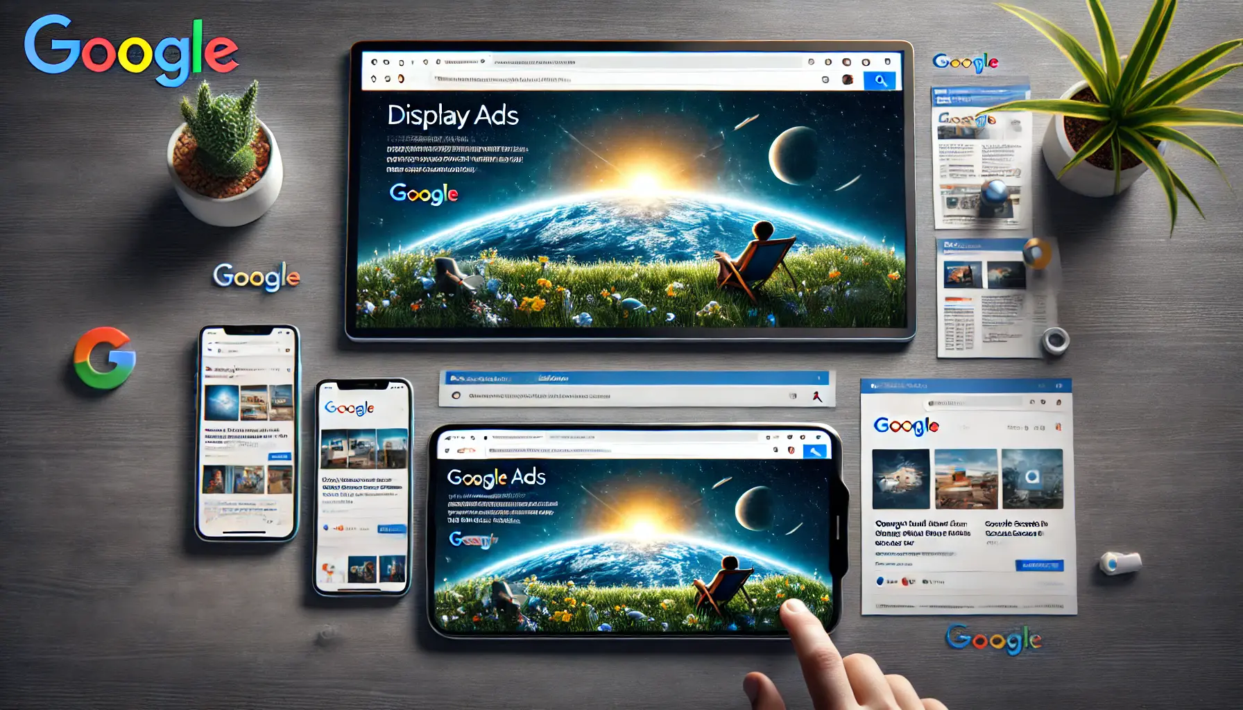 An image comparing Google Display Ads, featuring banner and video ads on devices, and Google Search Ads, shown in search results.