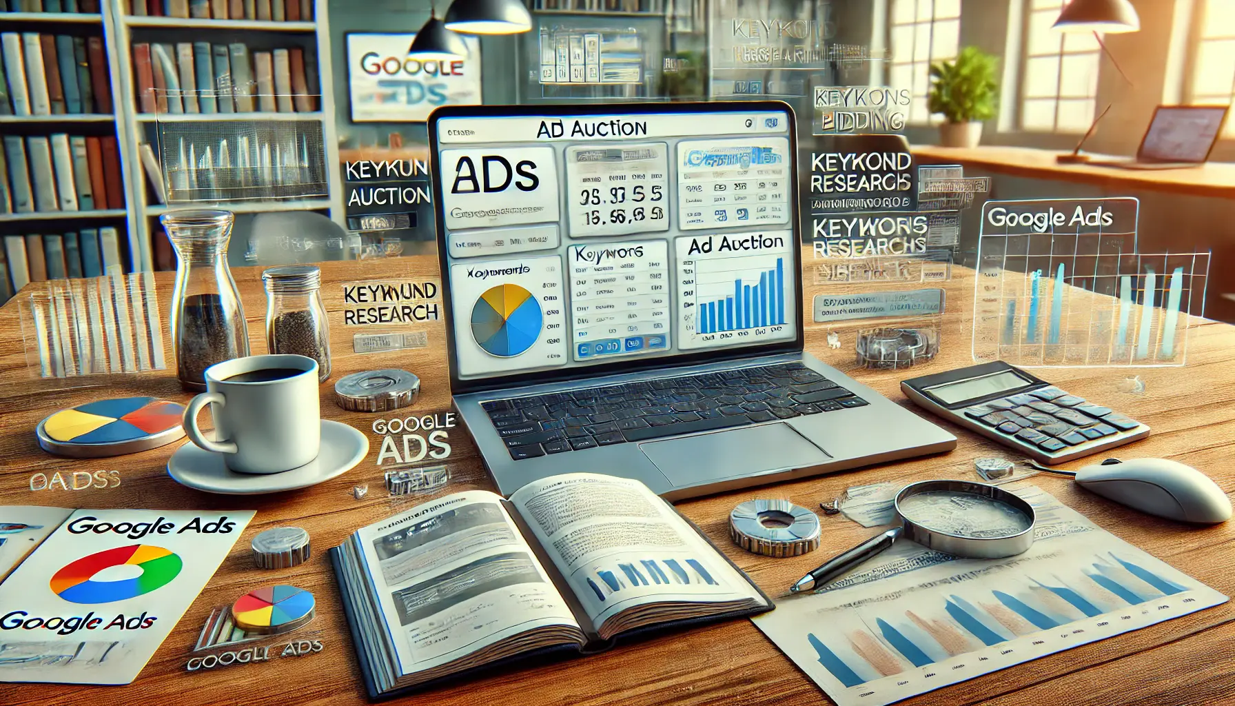 A laptop screen displaying a Google Ads auction dashboard with keywords and bidding data, surrounded by tools like a keyword research book, analytics charts, and a coffee cup in a modern office setting.