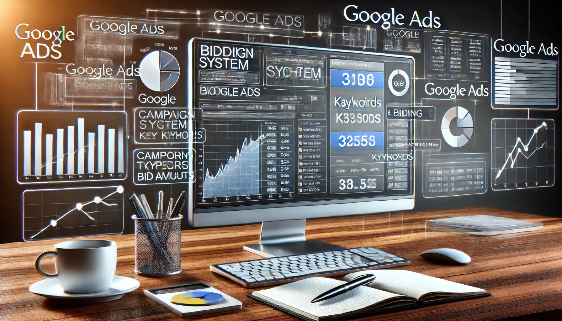 A sleek workspace with a computer screen showing Google Ads bidding system, with keywords, bid amounts, and graphs illustrating ad performance.