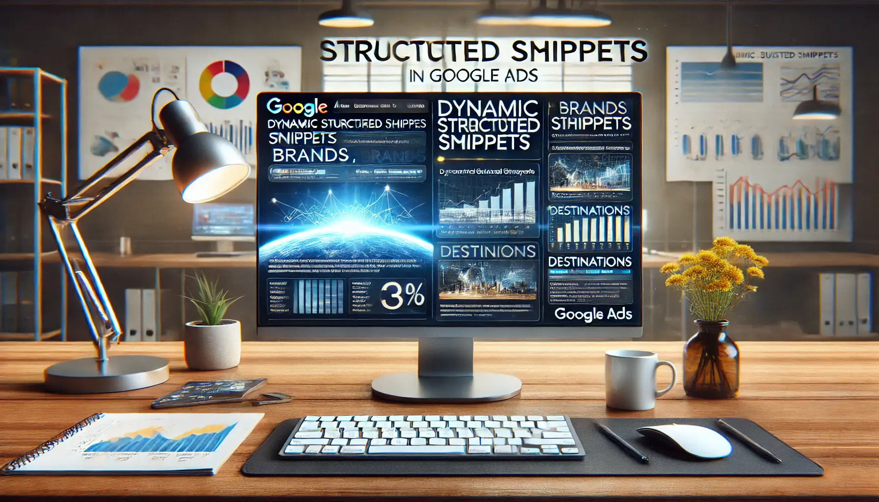 A Google Ads dashboard showing the automatic generation of dynamic structured snippets based on website content, including snippets like 'Brands' and 'Destinations.'