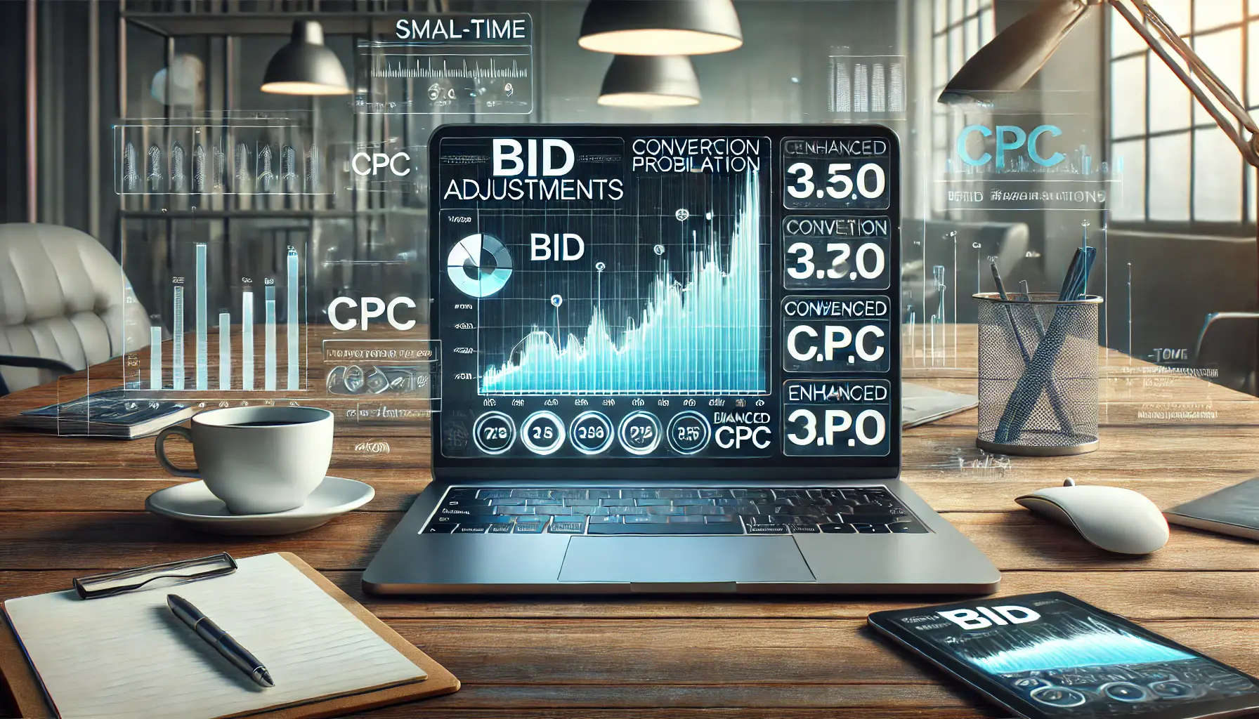 A digital advertising workspace showing a laptop with a real-time graph displaying fluctuating bid values and conversion probabilities.