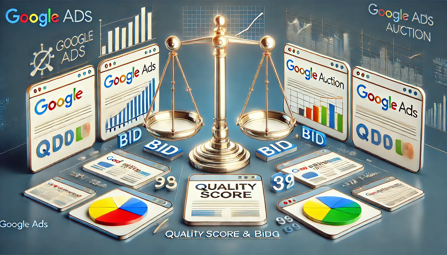 An illustration of Google Ads auctions, featuring bid paddles, ad placements on screens, and a balance scale representing quality score and bid value.