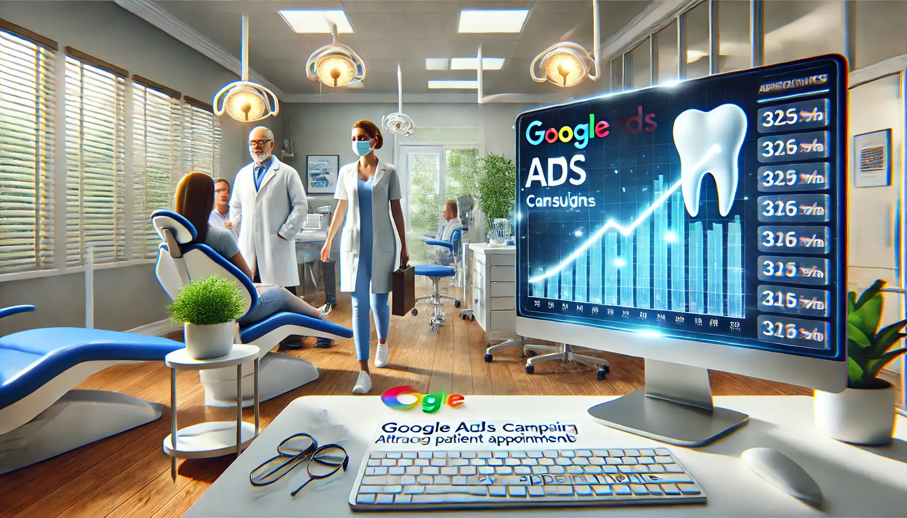 A dental office with a digital screen showing Google Ads campaign results, symbolizing new patient attraction.