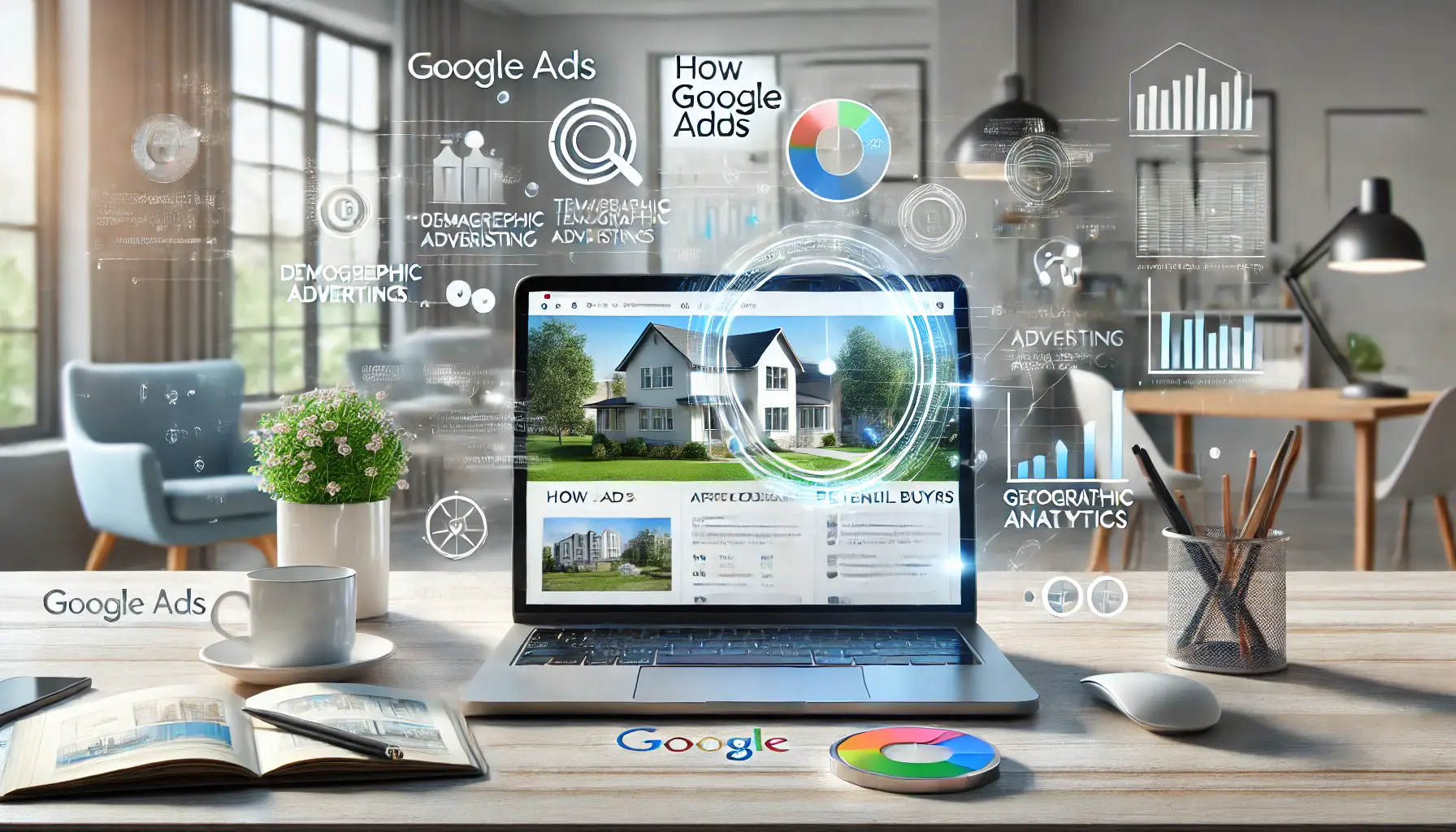 A laptop displaying digital property listings with demographic icons and analytics elements, set in a modern workspace.