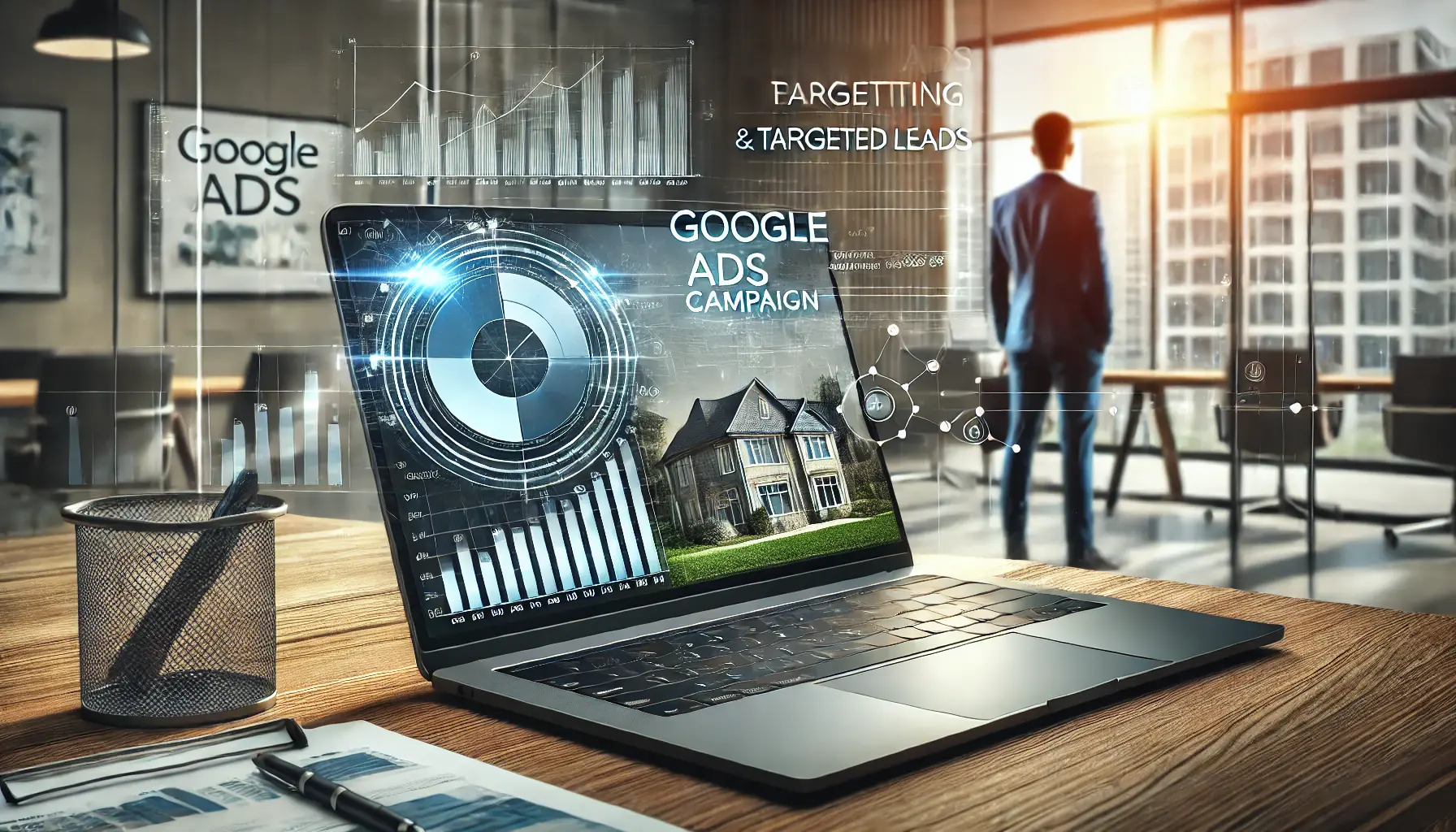 A real estate agent analyzing Google Ads data on a laptop with charts and graphs, set in a modern office with real estate blueprints and property visuals.