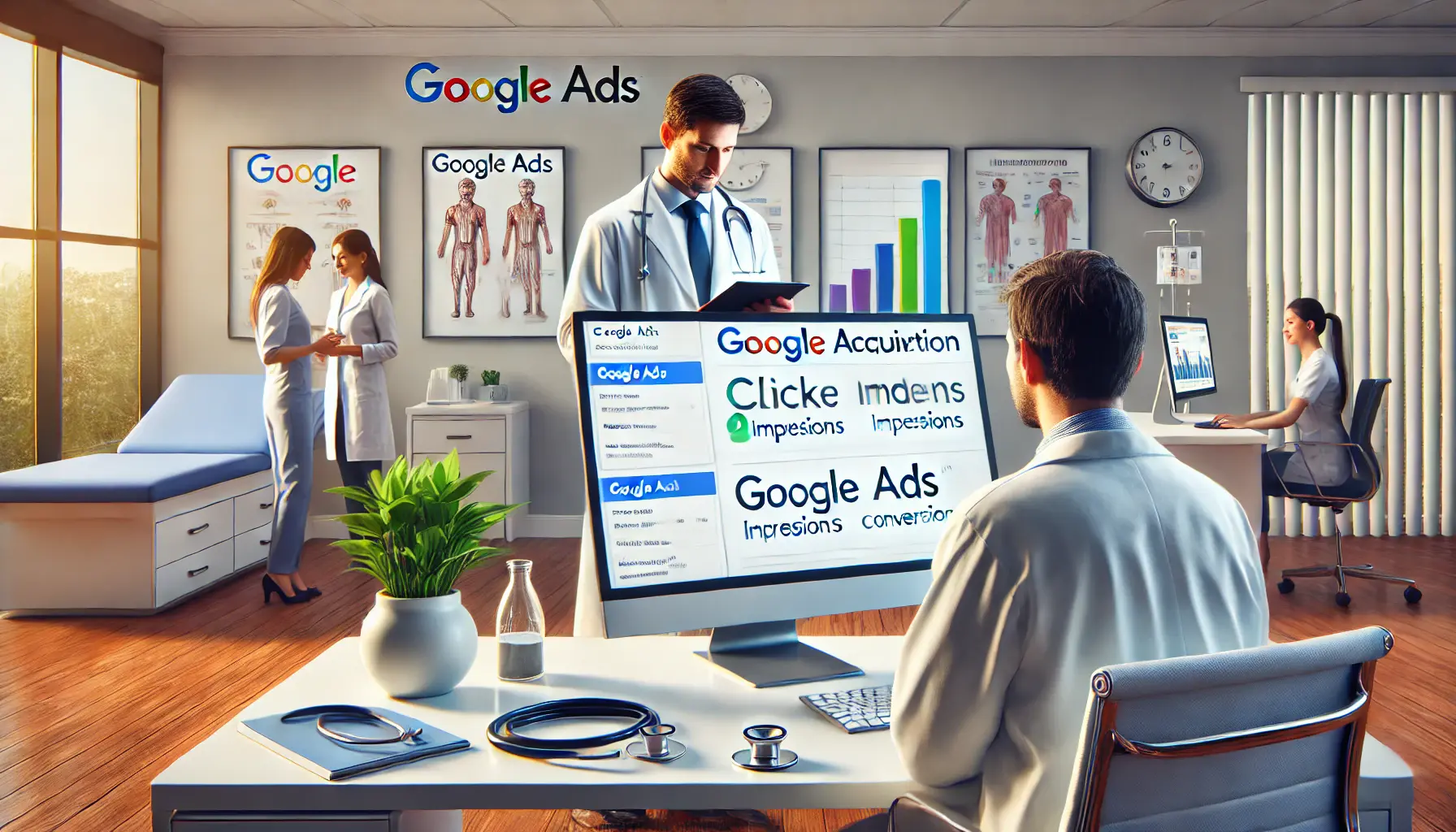 A medical professional's workspace showing Google Ads campaign results on a computer, with a doctor reviewing patient inquiries on a tablet and a patient interacting with staff in the background.