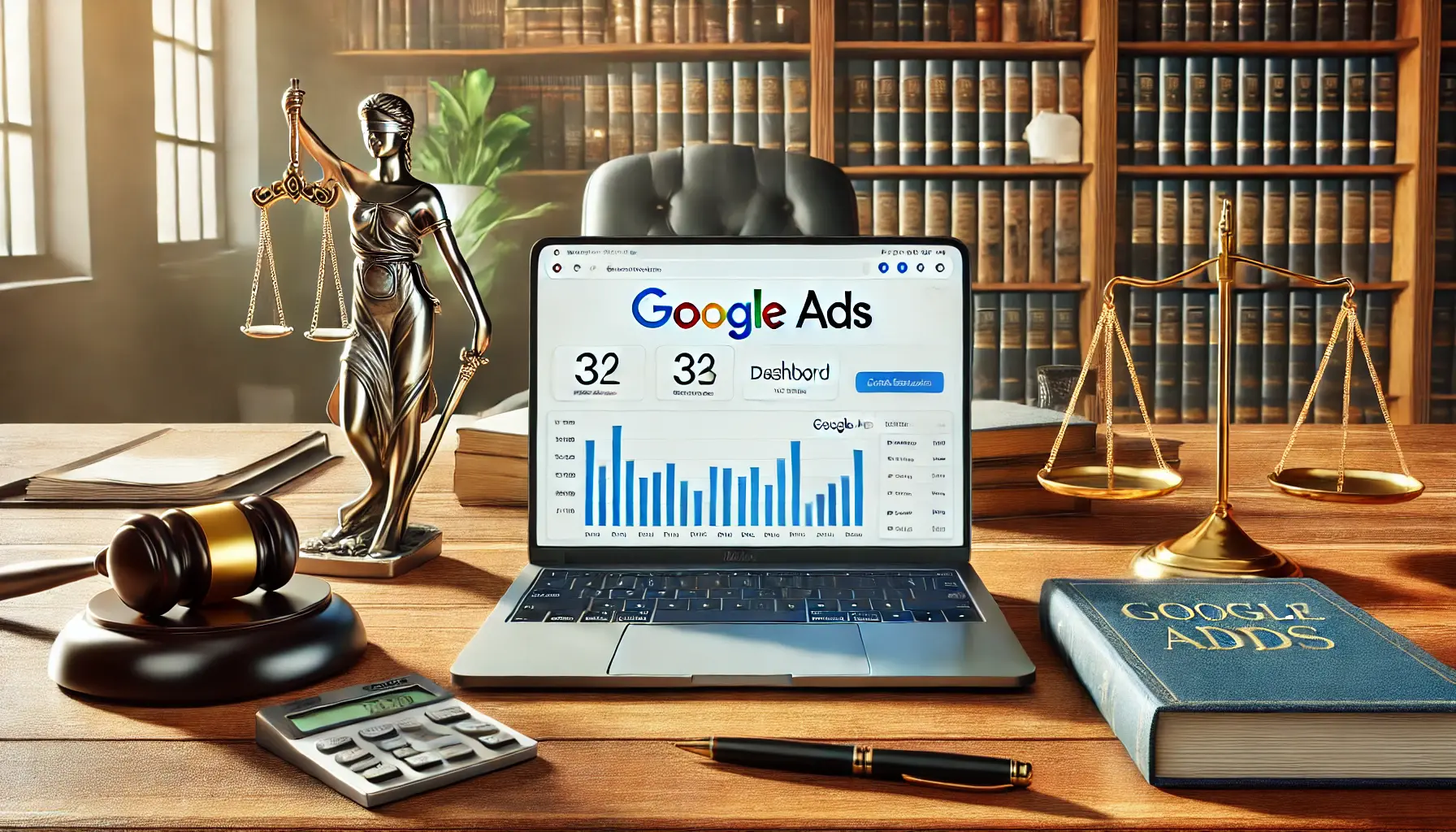 A modern law office desk featuring a laptop displaying the Google Ads dashboard, surrounded by legal books and a gavel, symbolizing the integration of law and digital marketing.