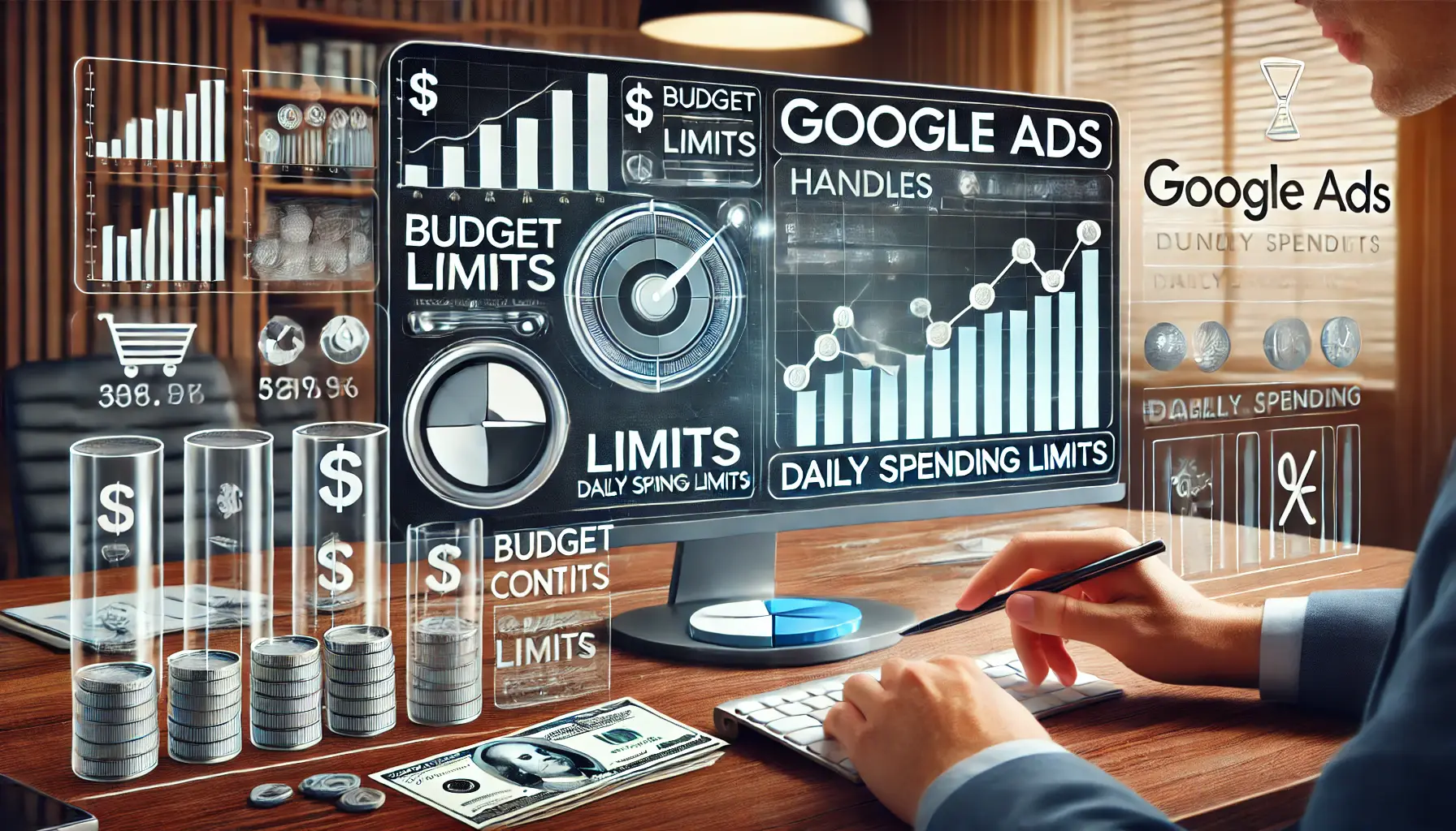 A digital dashboard showing budget allocation and daily spending limits, with a professional analyzing the data in a modern office environment.