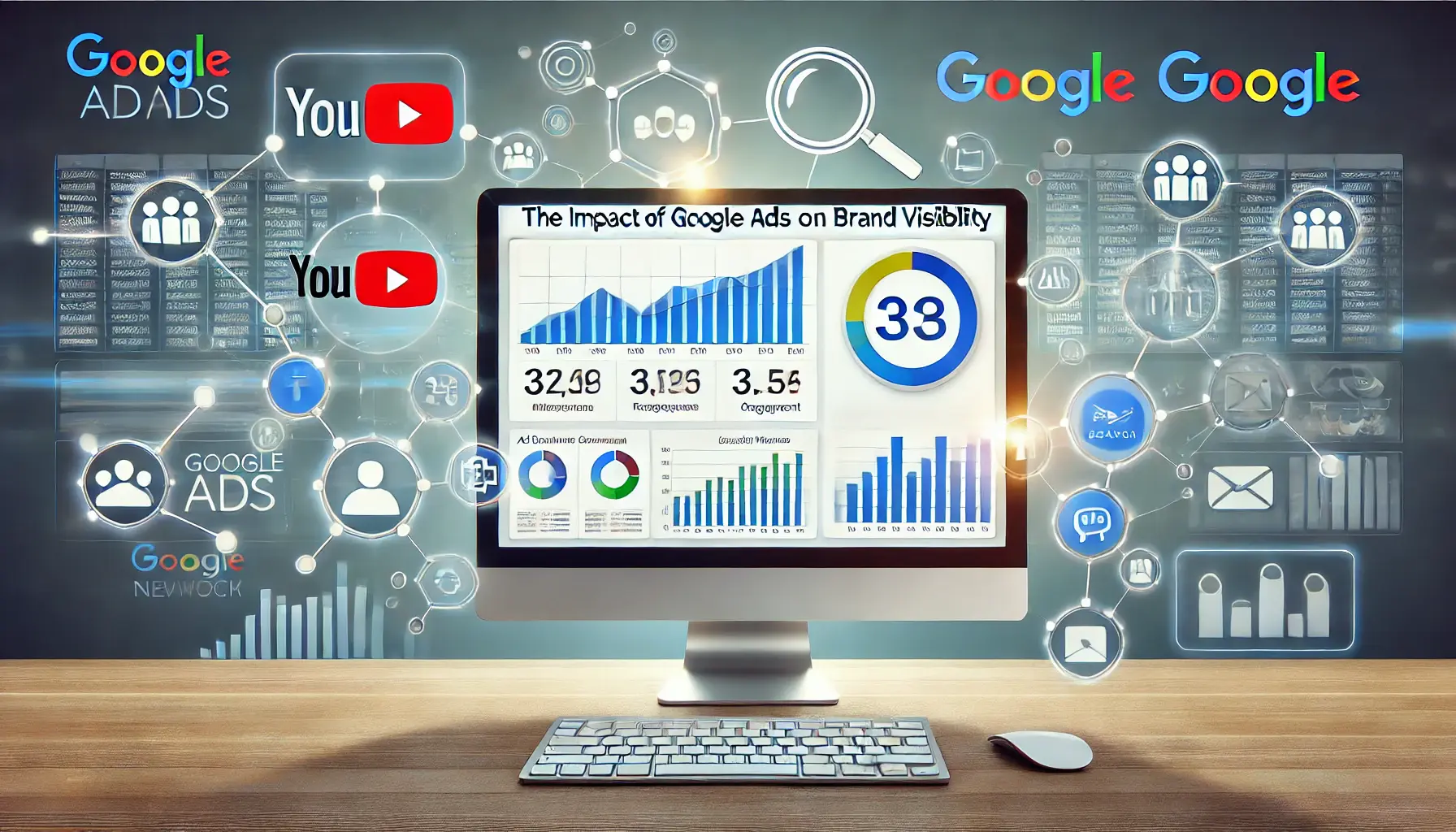 Digital advertising dashboard with metrics and icons for platforms like YouTube and Google Search, representing brand visibility.