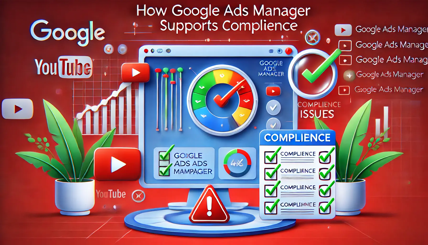 An image showing a digital dashboard with performance metrics, a compliance checklist, and an alert symbol.