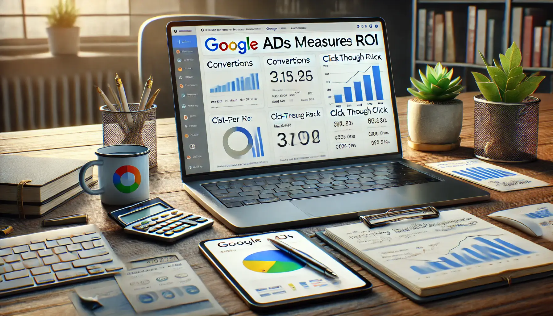 A workspace with a laptop displaying Google Ads metrics like conversions and CPC, accompanied by analytical tools and notes.