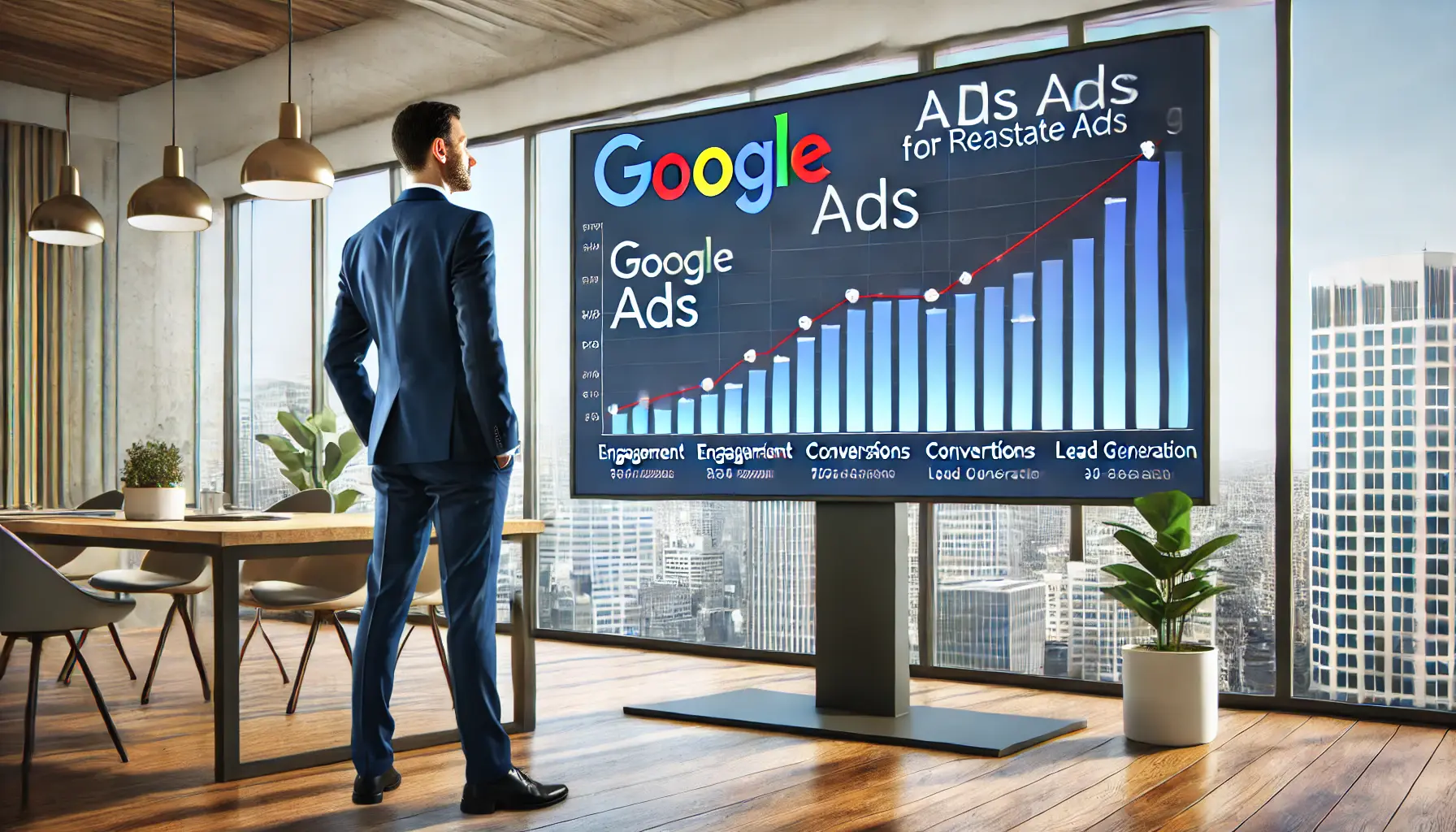 A real estate agent standing in front of a large screen displaying Google Ads campaign results with an upward trend in engagement and conversions.