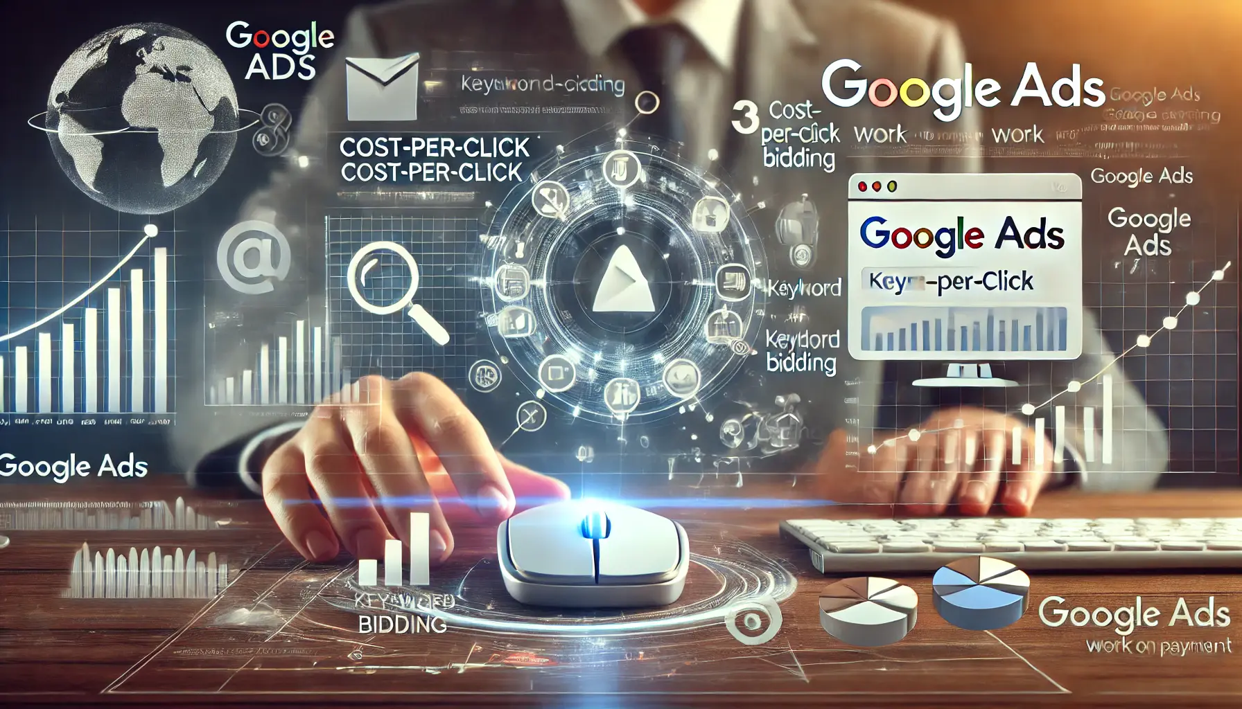 A digital illustration showing Google Ads payment process with a focus on cost-per-click metrics, keyword bidding, and analytics.