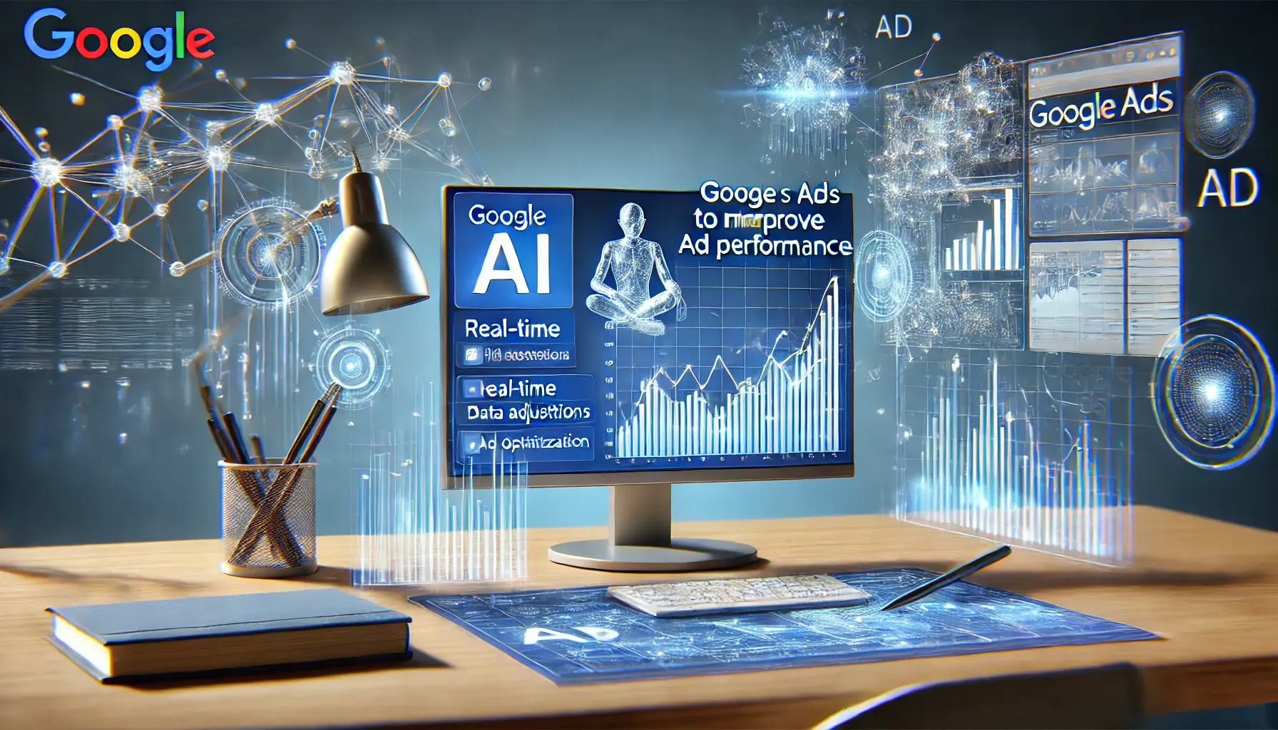 A modern digital workspace displaying Google Ads performance metrics, with AI elements like neural networks and real-time data adjustments, illustrating how AI enhances ad performance.