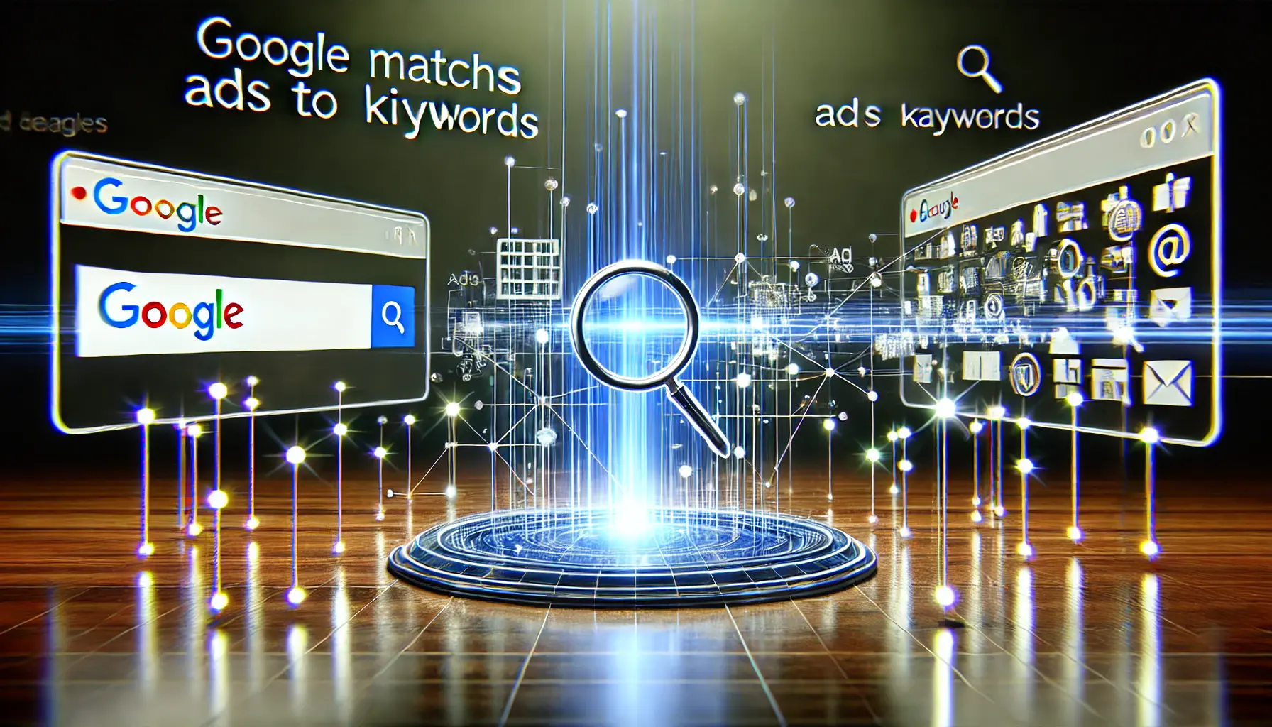 Visualization of Google's ad matching process, showcasing search queries flowing to digital ads through connected nodes and glowing lines.