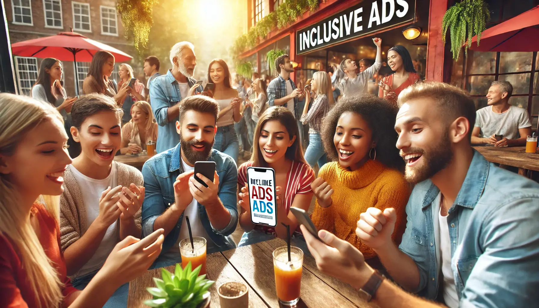 A diverse group of people interacting with an ad on a mobile device in a vibrant social setting.