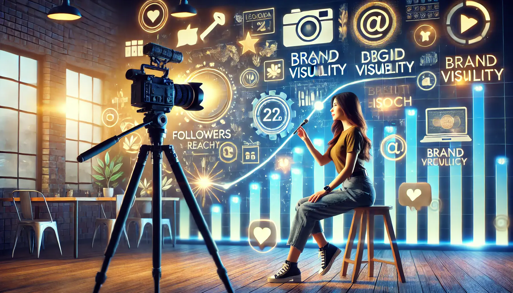 An influencer creating a product video with professional equipment, surrounded by icons representing audience engagement and brand visibility growth.