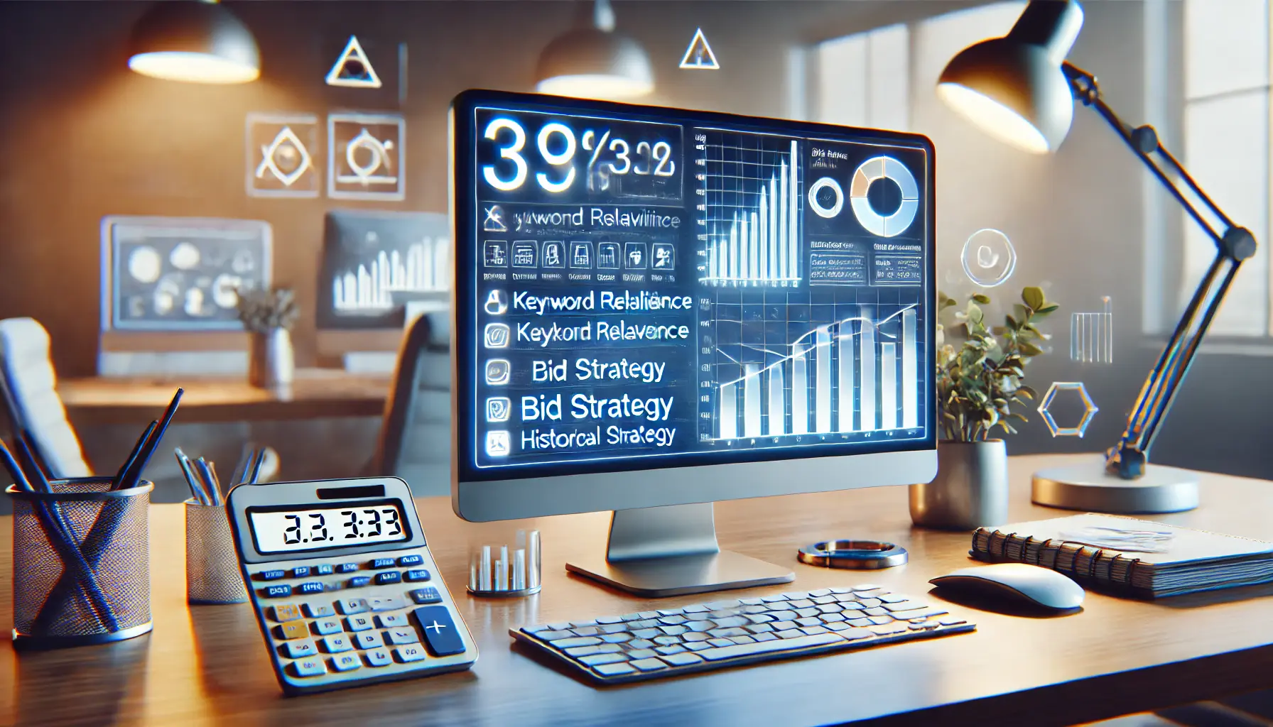 A computer screen displaying a digital calculation process with mathematical symbols, bar charts, and performance metrics, representing the Google Ads Optimization Score calculation.