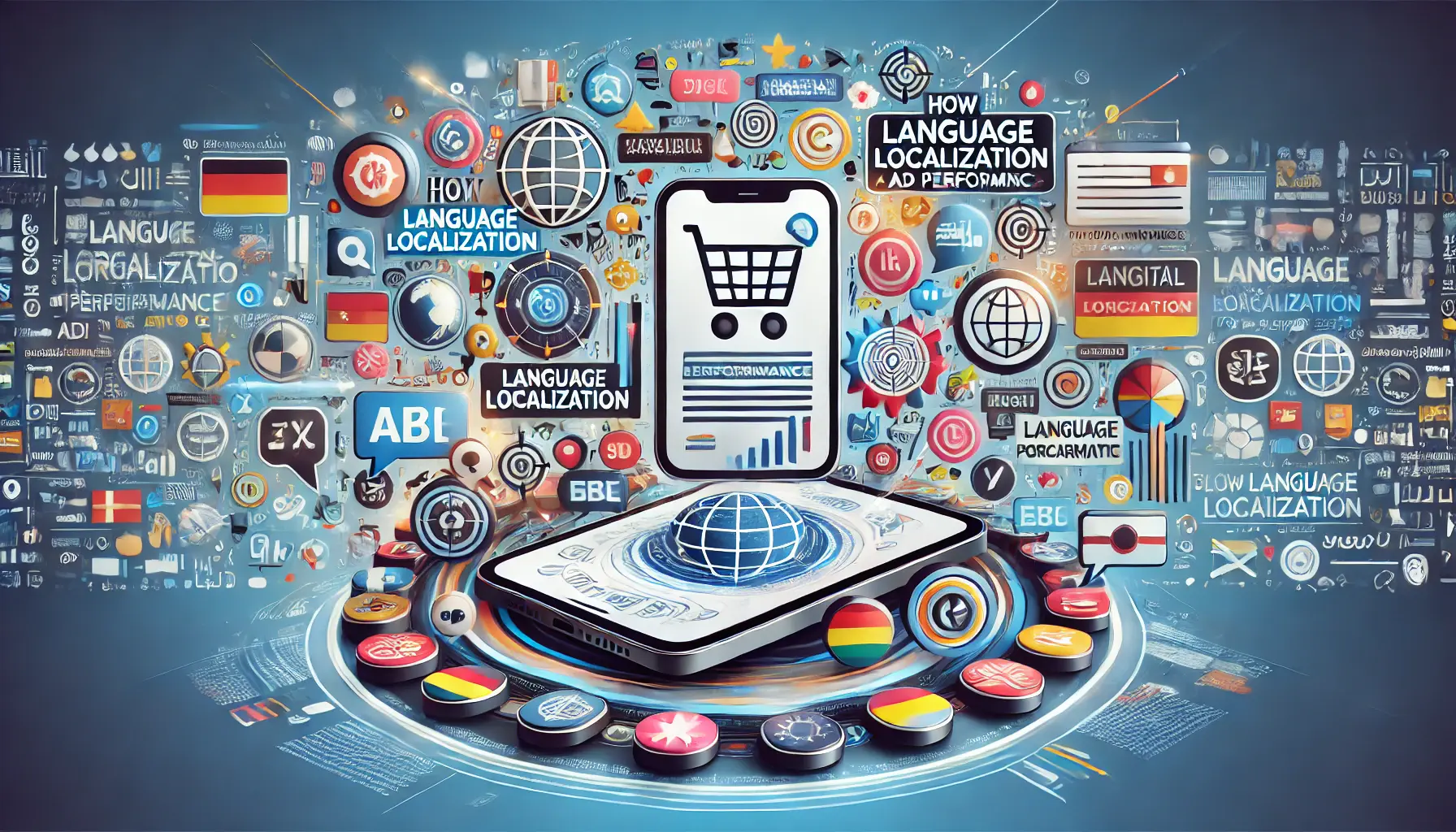 A visual depiction of digital ads on devices, customized with cultural elements and surrounded by symbols representing diverse languages and localization.