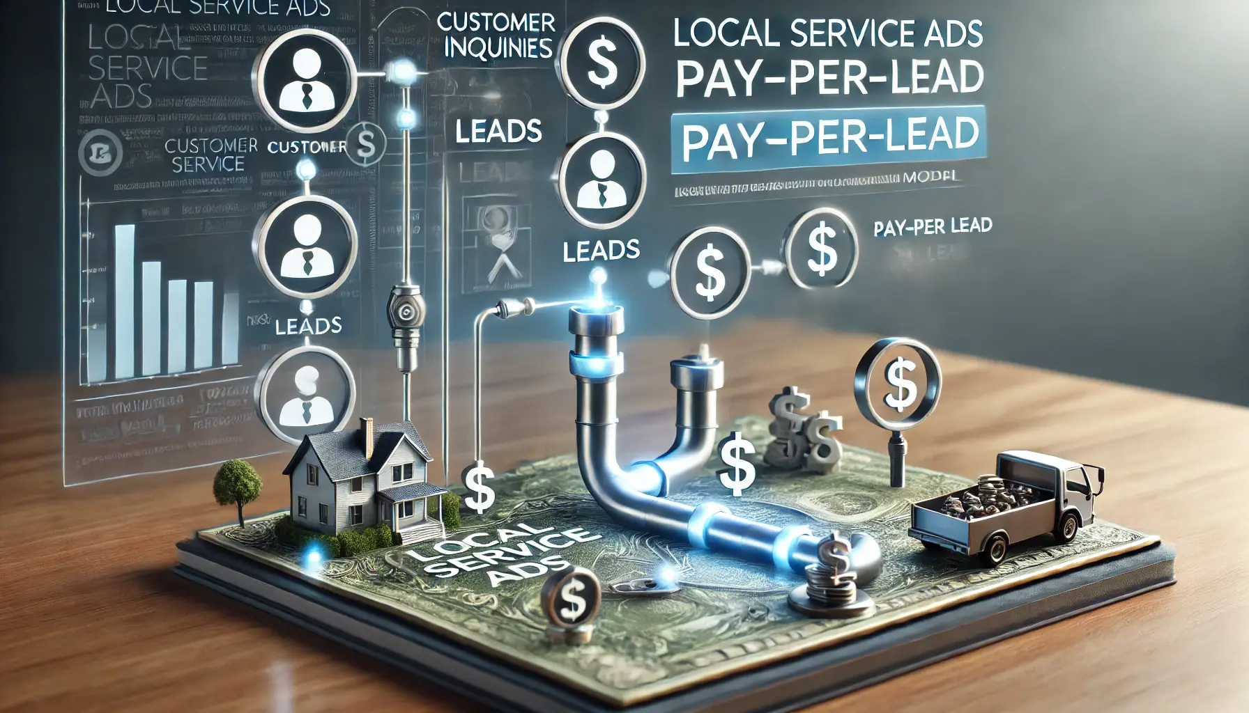 A digital illustration showing the pay-per-lead model of Local Service Ads with icons for inquiries, leads, and cost calculations.