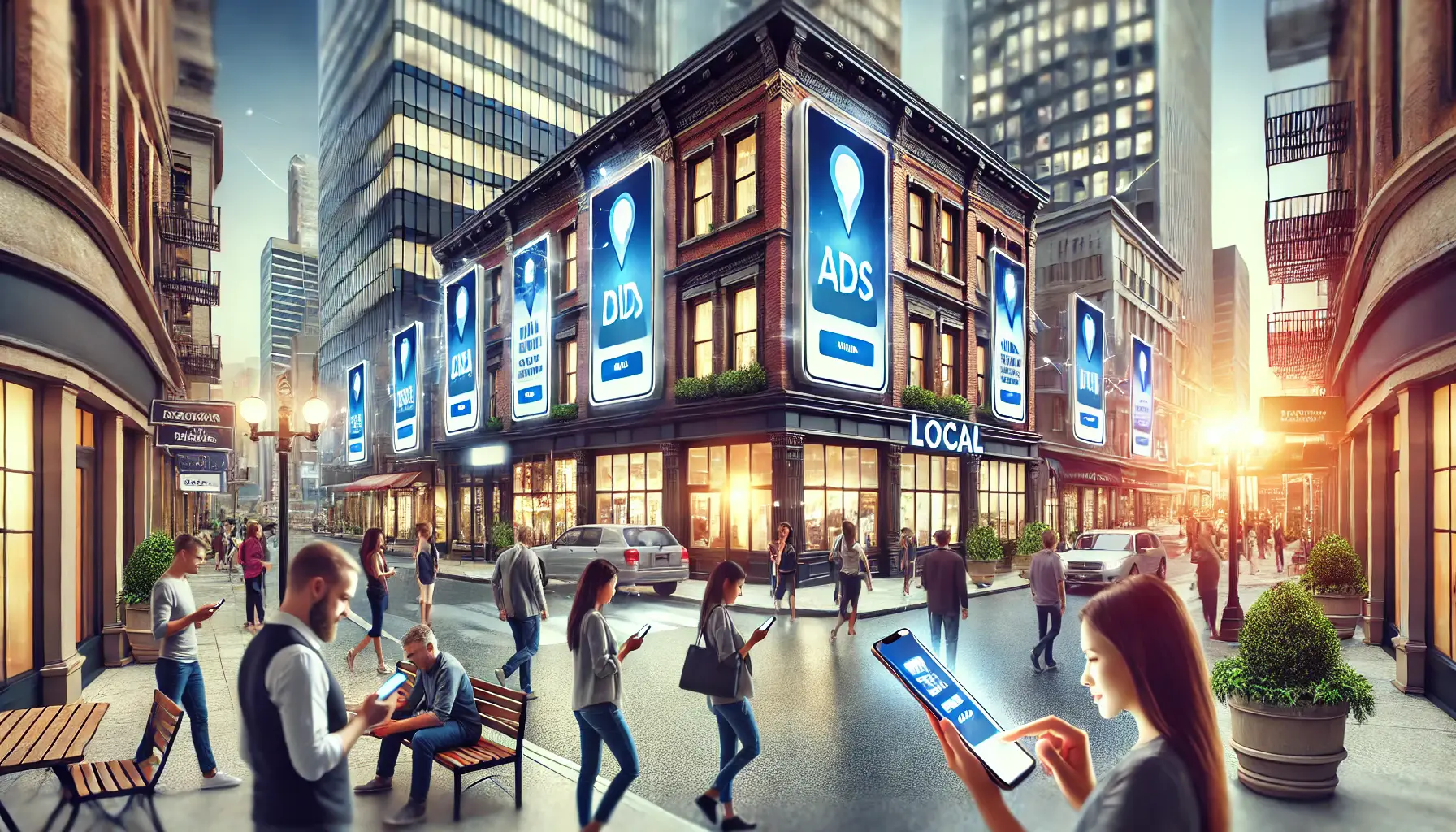 A dynamic city street scene with people interacting with digital ads on their smartphones, surrounded by storefronts and local signage.